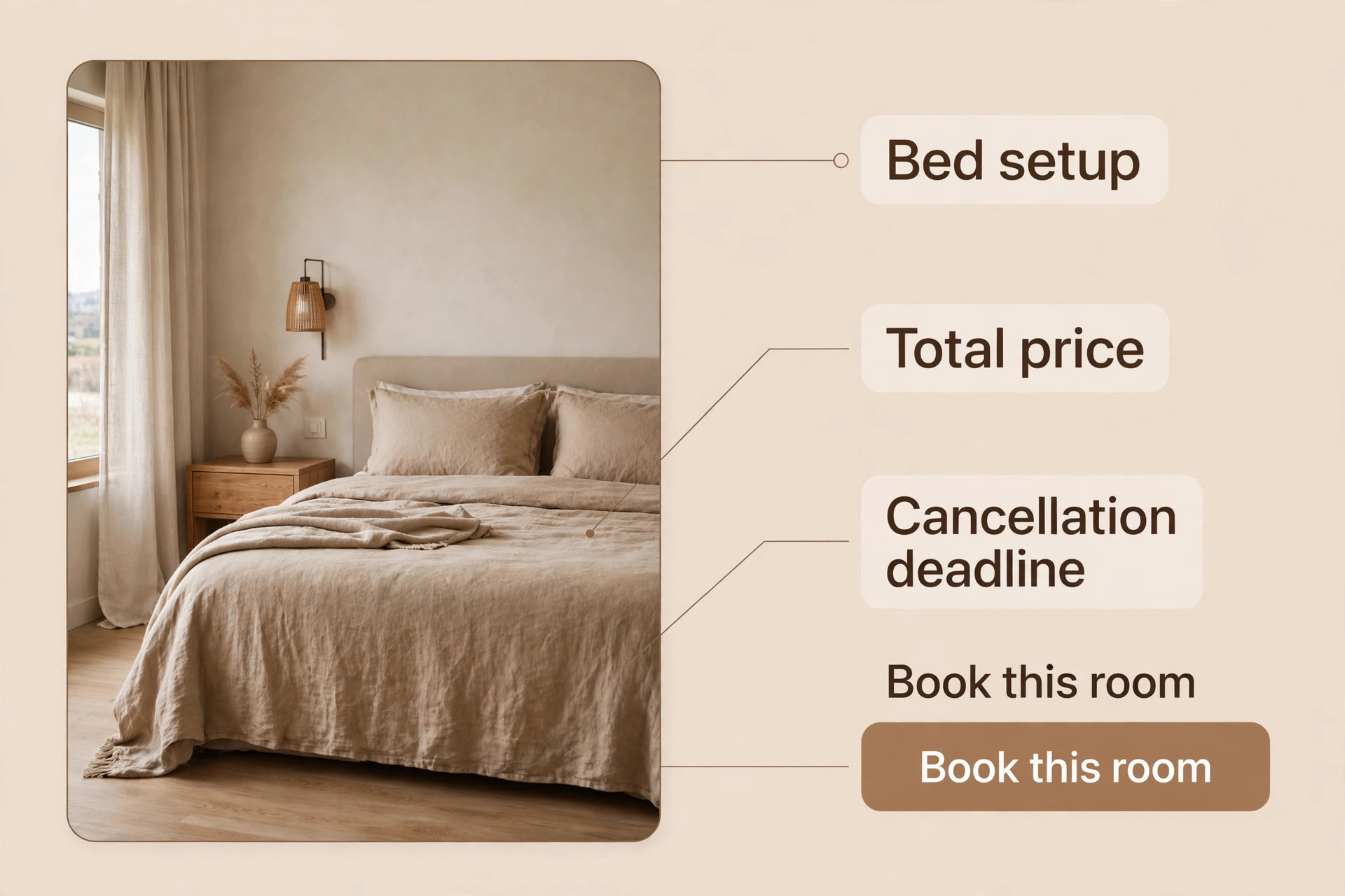 Annotated hotel room page with price and policy labels
