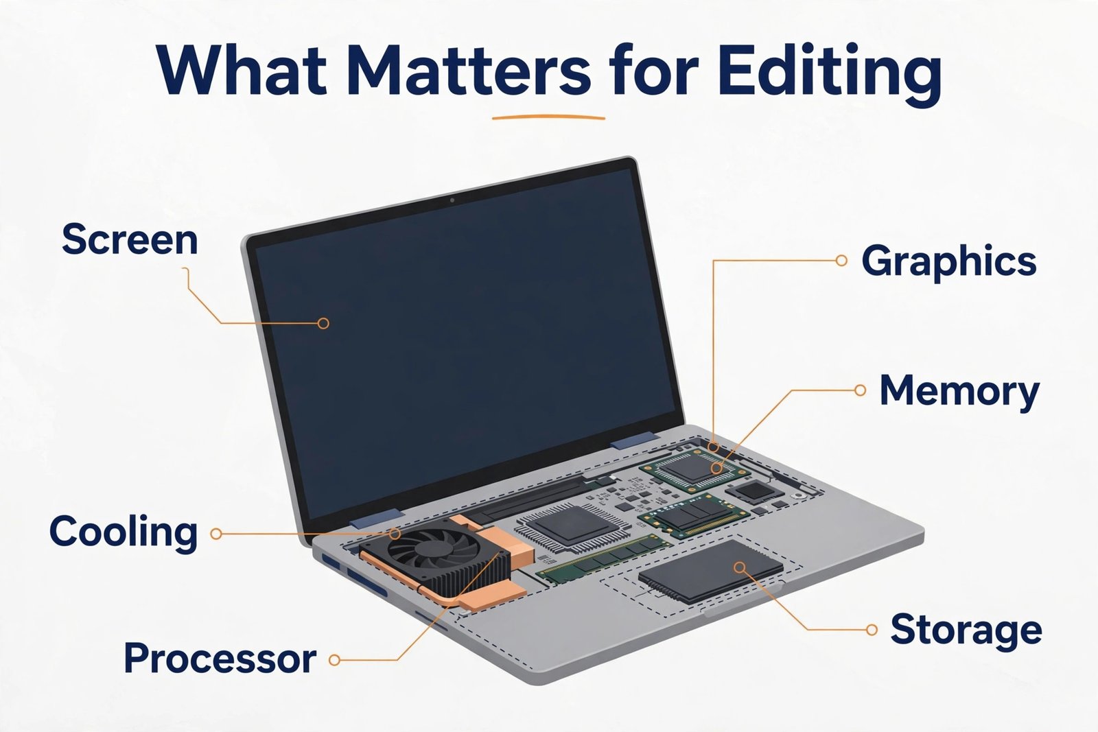 Annotated laptop parts for video editing