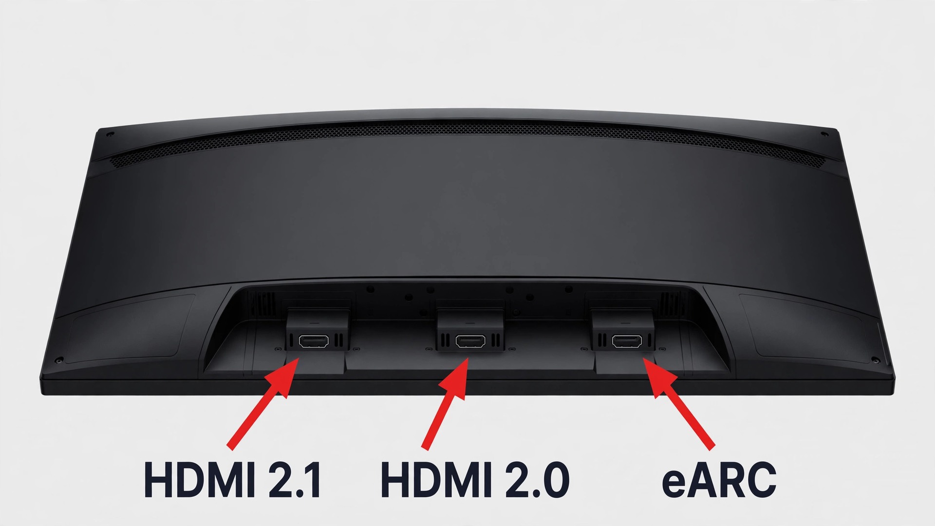 Annotated monitor back panel labelling HDMI 2.1, HDMI 2.0 and eARC ports