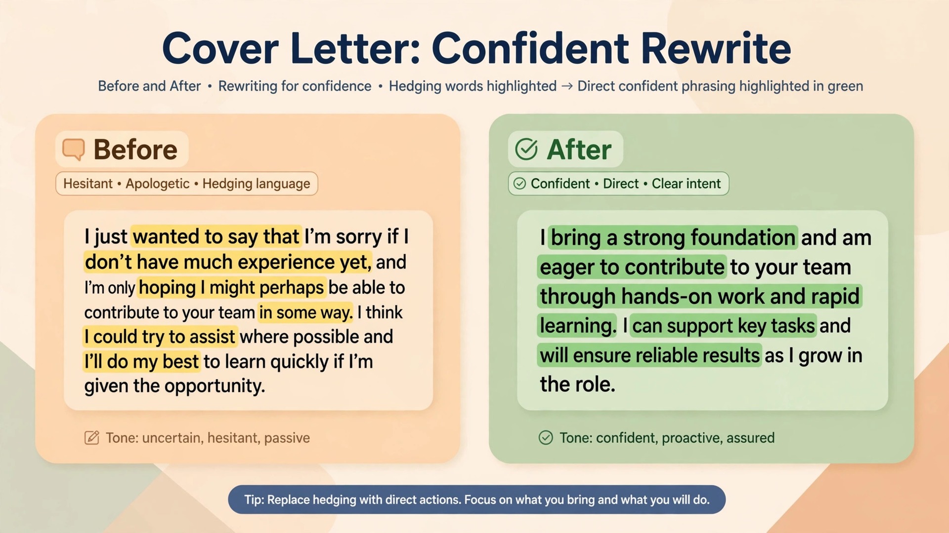 Before and after panel of a cover letter paragraph rewritten for confidence