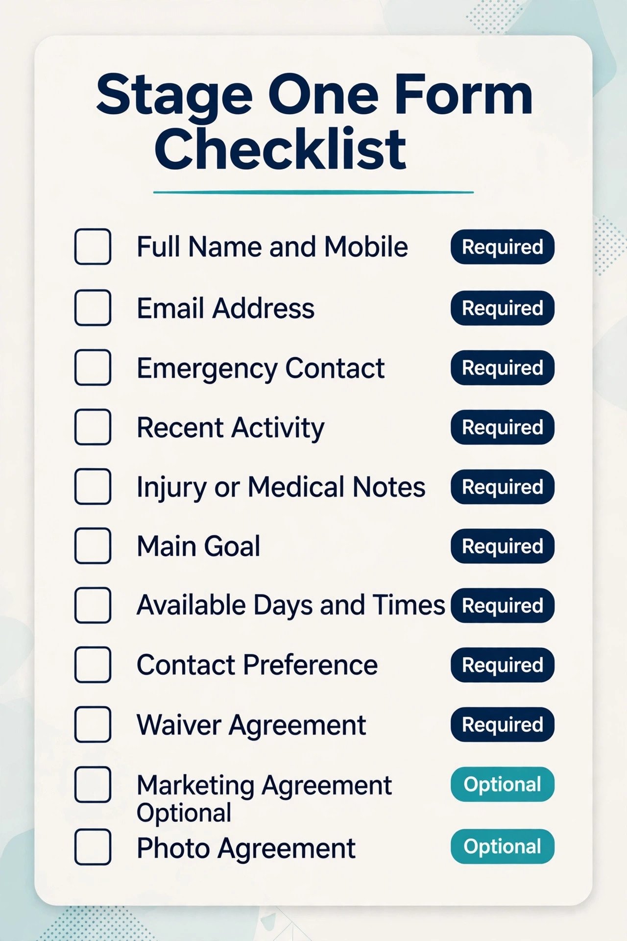 Stage one onboarding form field list