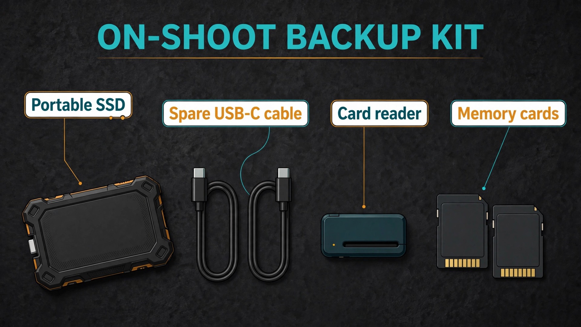 Annotated on-shoot backup kit with portable SSD cables and card reader