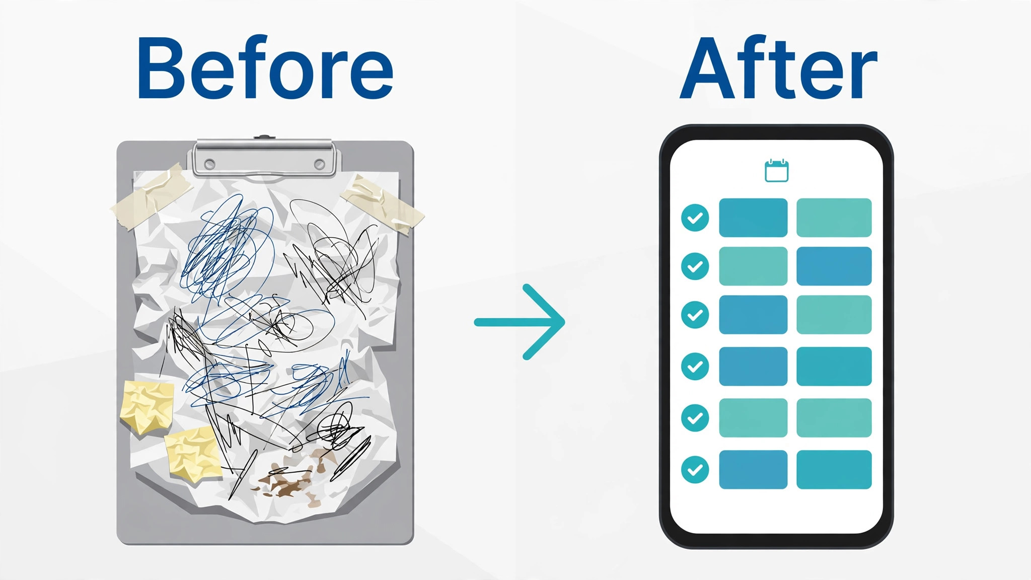 A before and after visual of a messy paper rota replaced by a clear app rota