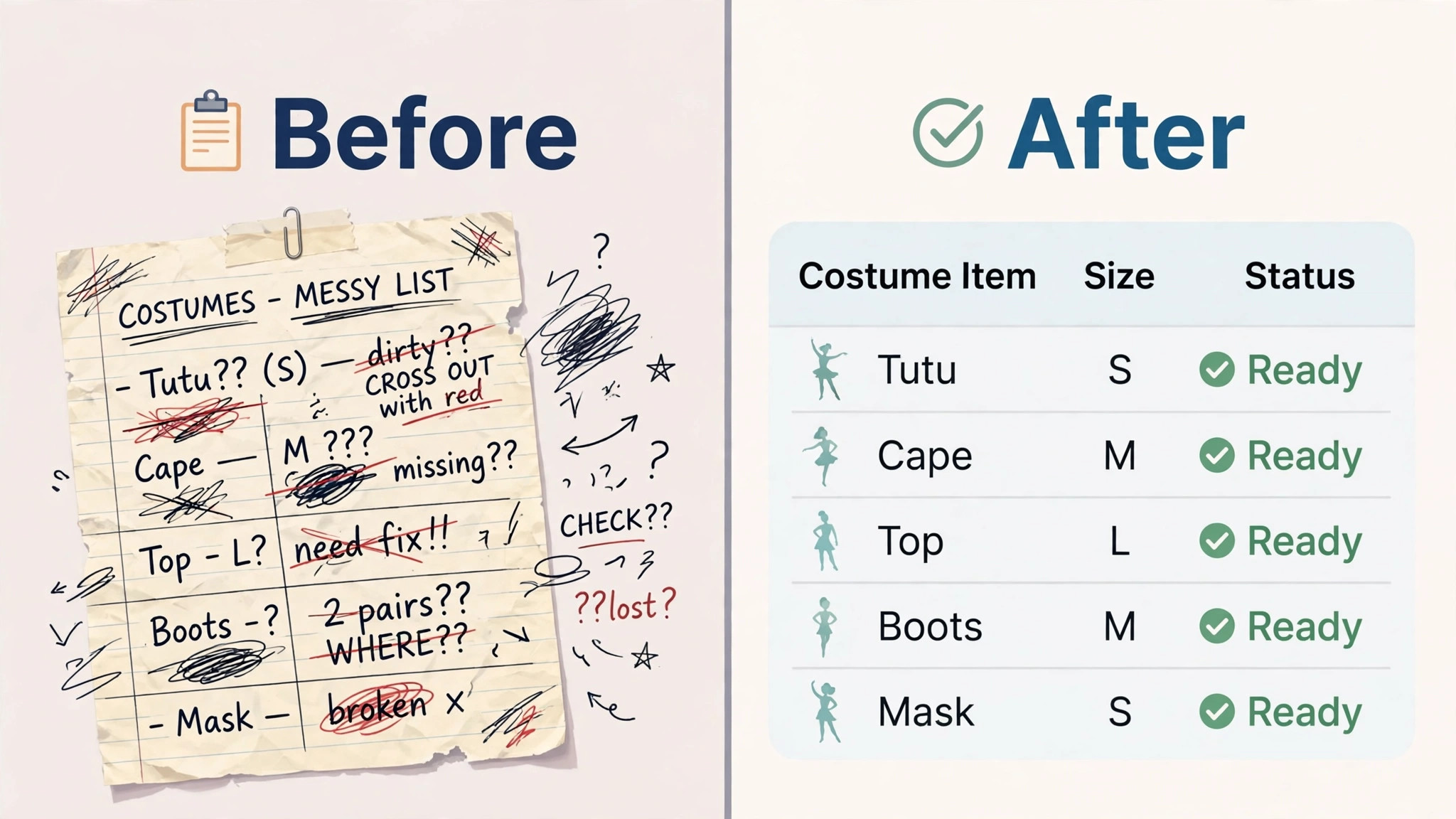 A before and after visual of a messy costume spreadsheet replaced by a clear costume list