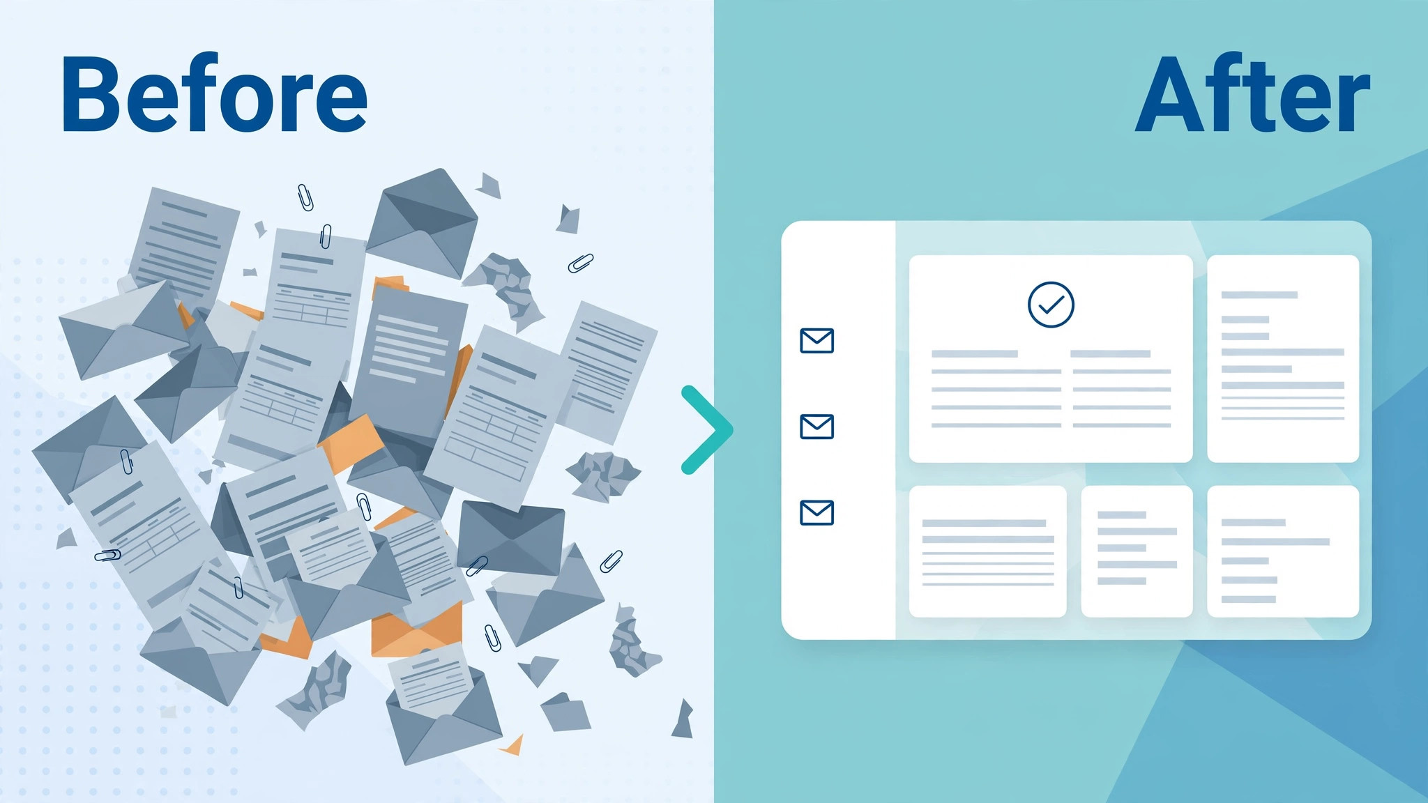A before and after visual of scattered email invoicing replaced by one client portal