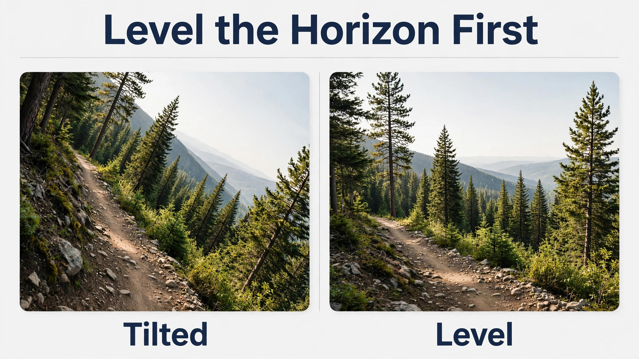 Same forest trail with a tilted horizon beside a level horizon