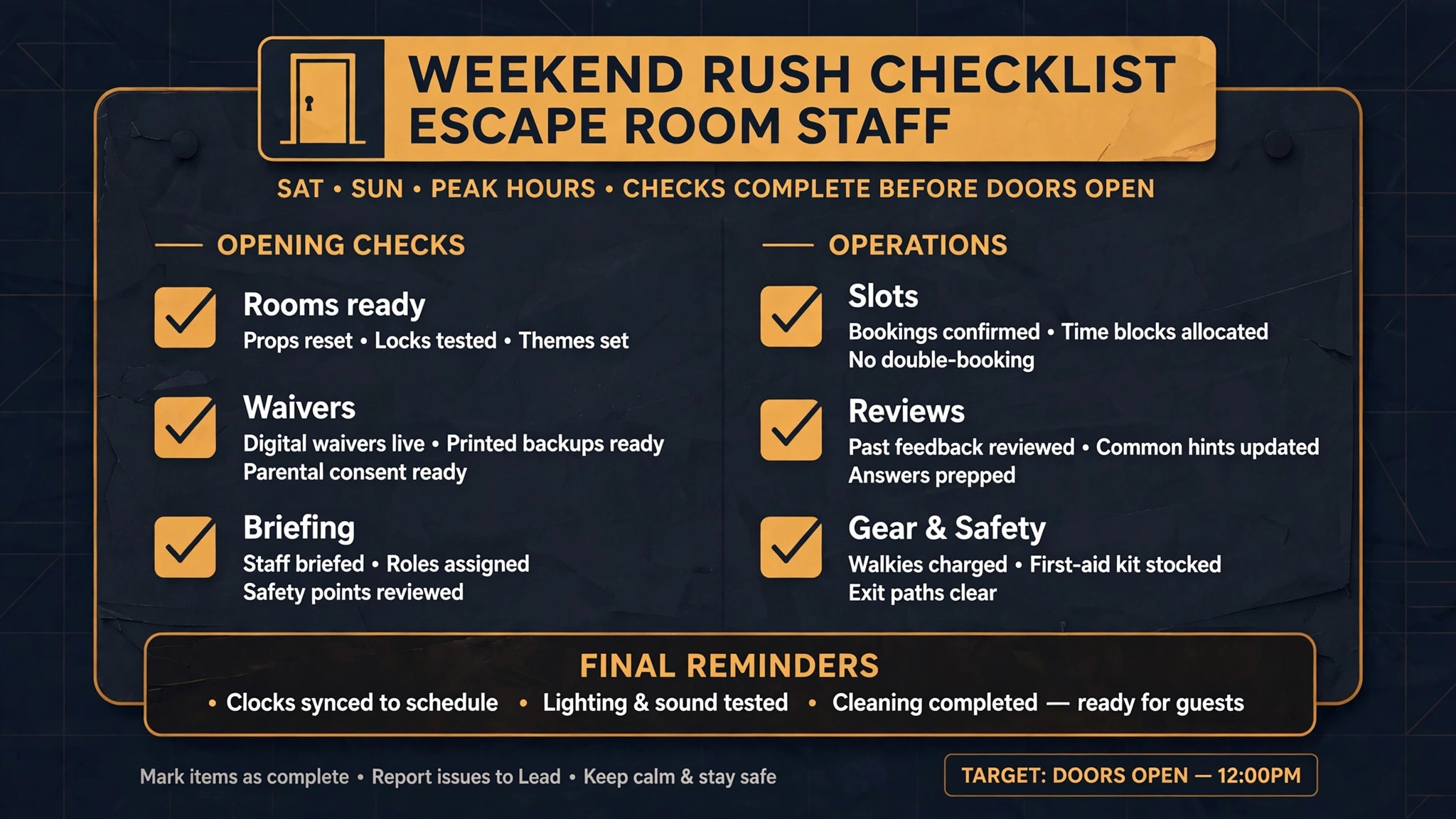 Weekend rush checklist for escape room staff