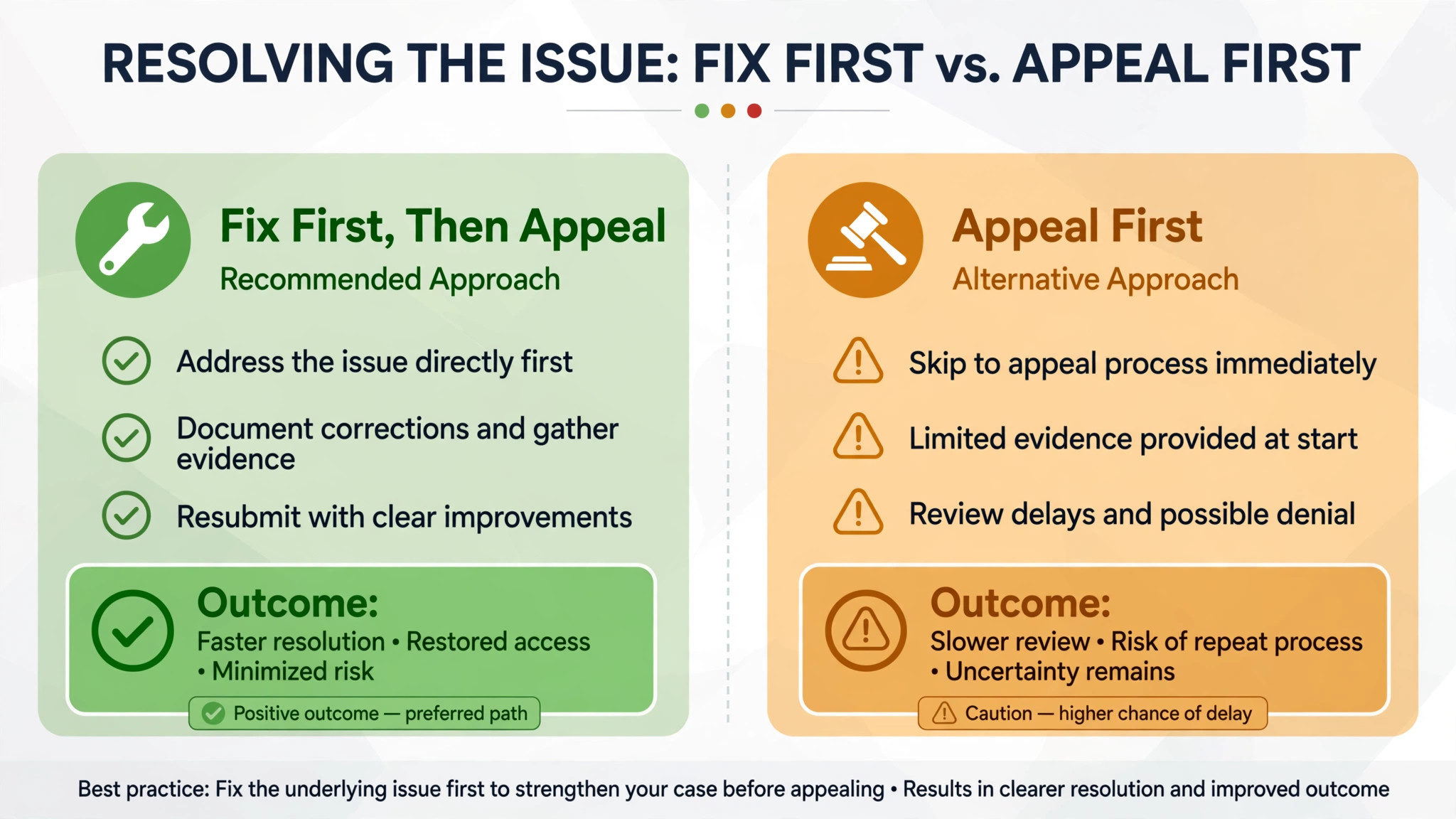 comparison of a fix first appeal beside an appeal first attempt with outcome notes