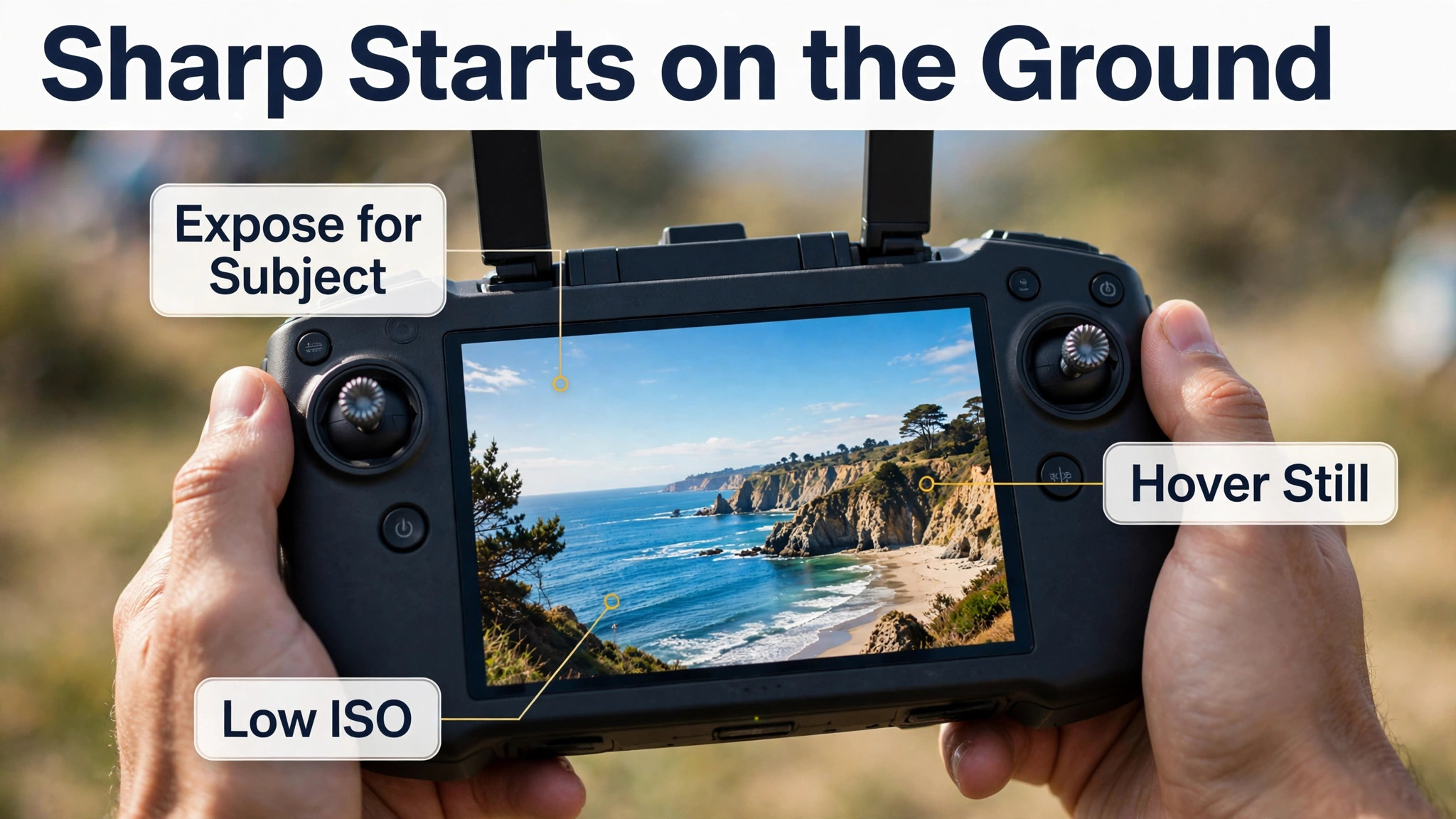 Drone controller showing a coastal view with exposure, ISO and hover callouts