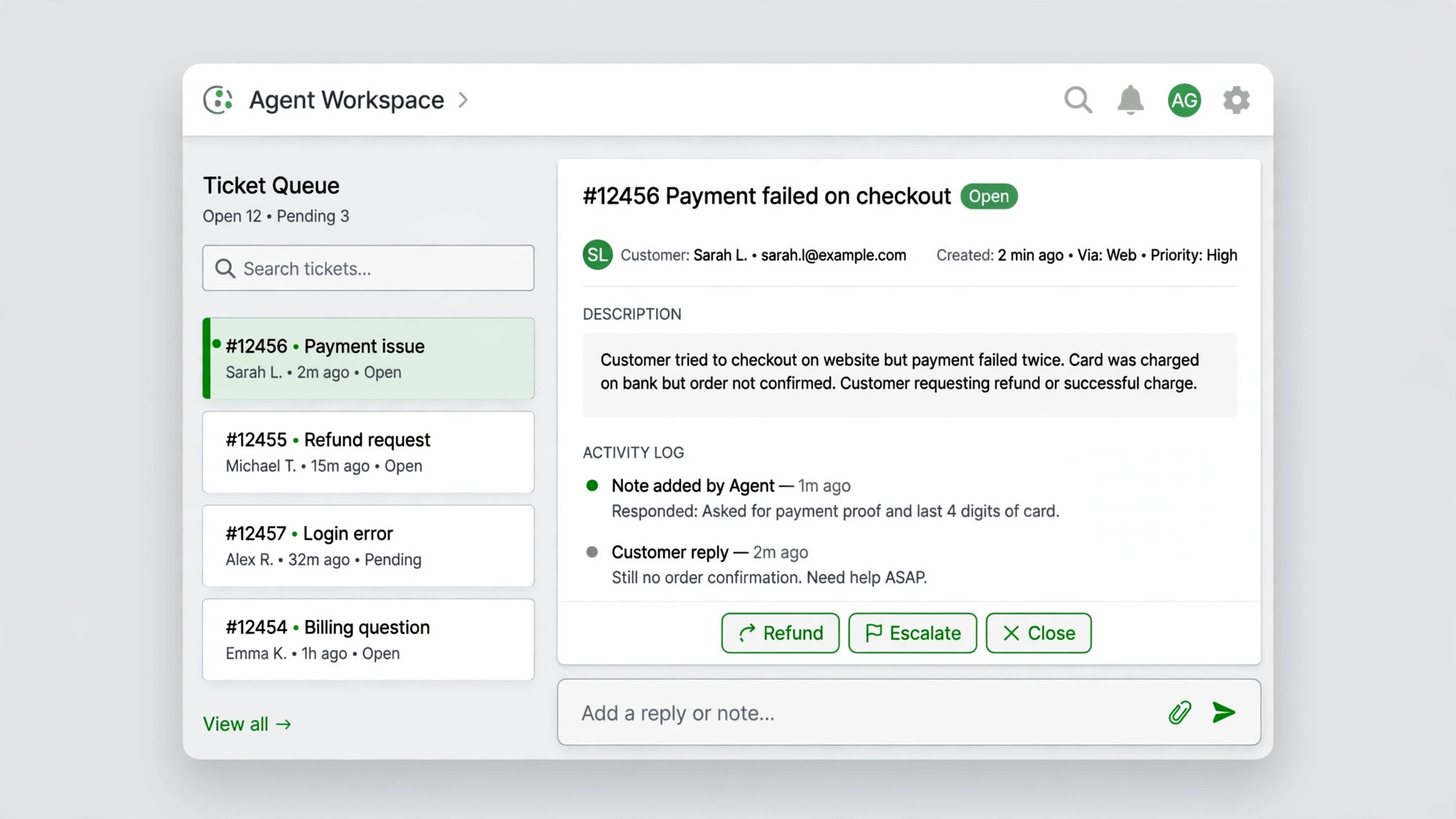 Zendesk agent view mockup with ticket queues