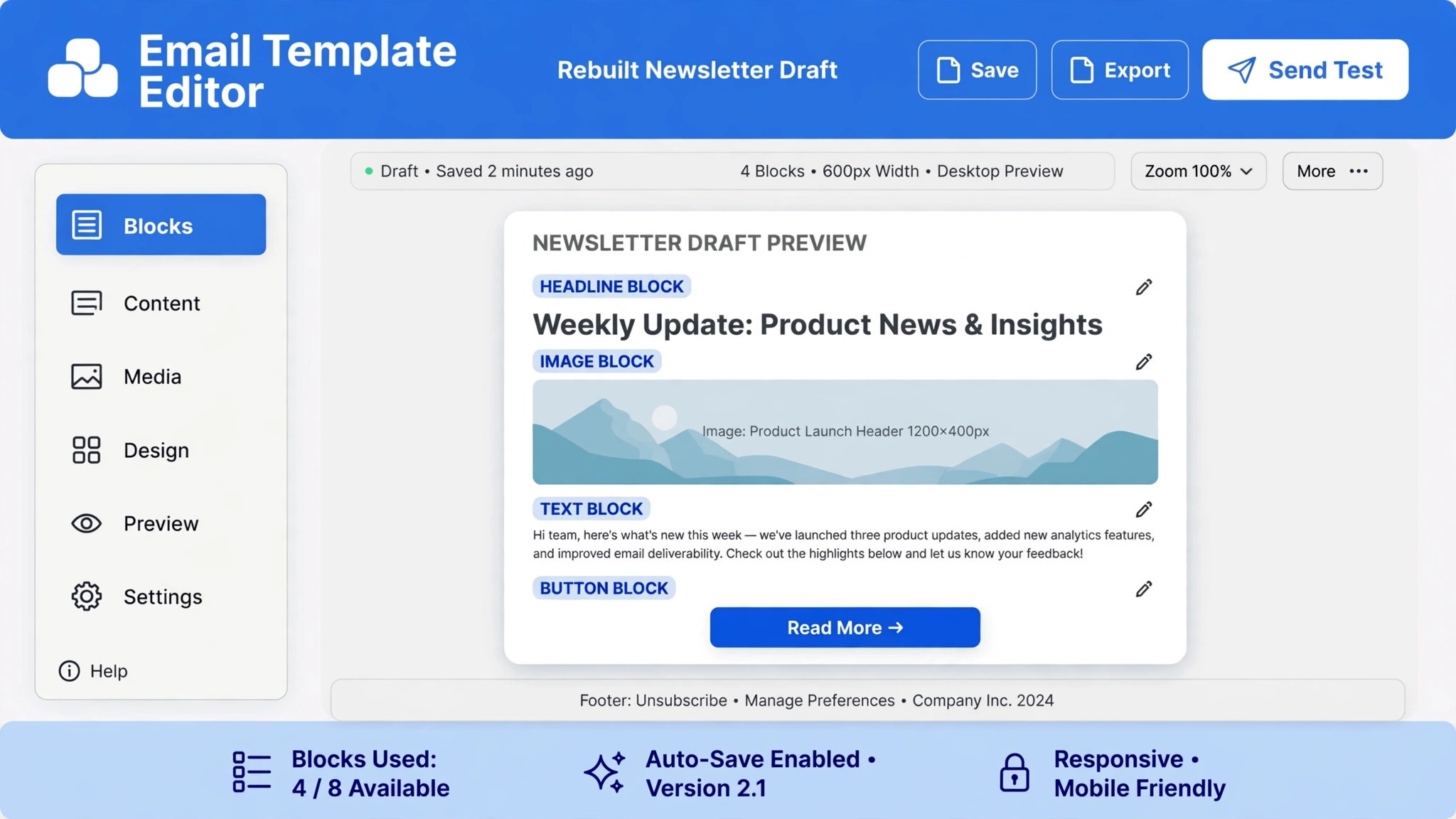 Brevo template editor mockup with a rebuilt newsletter design