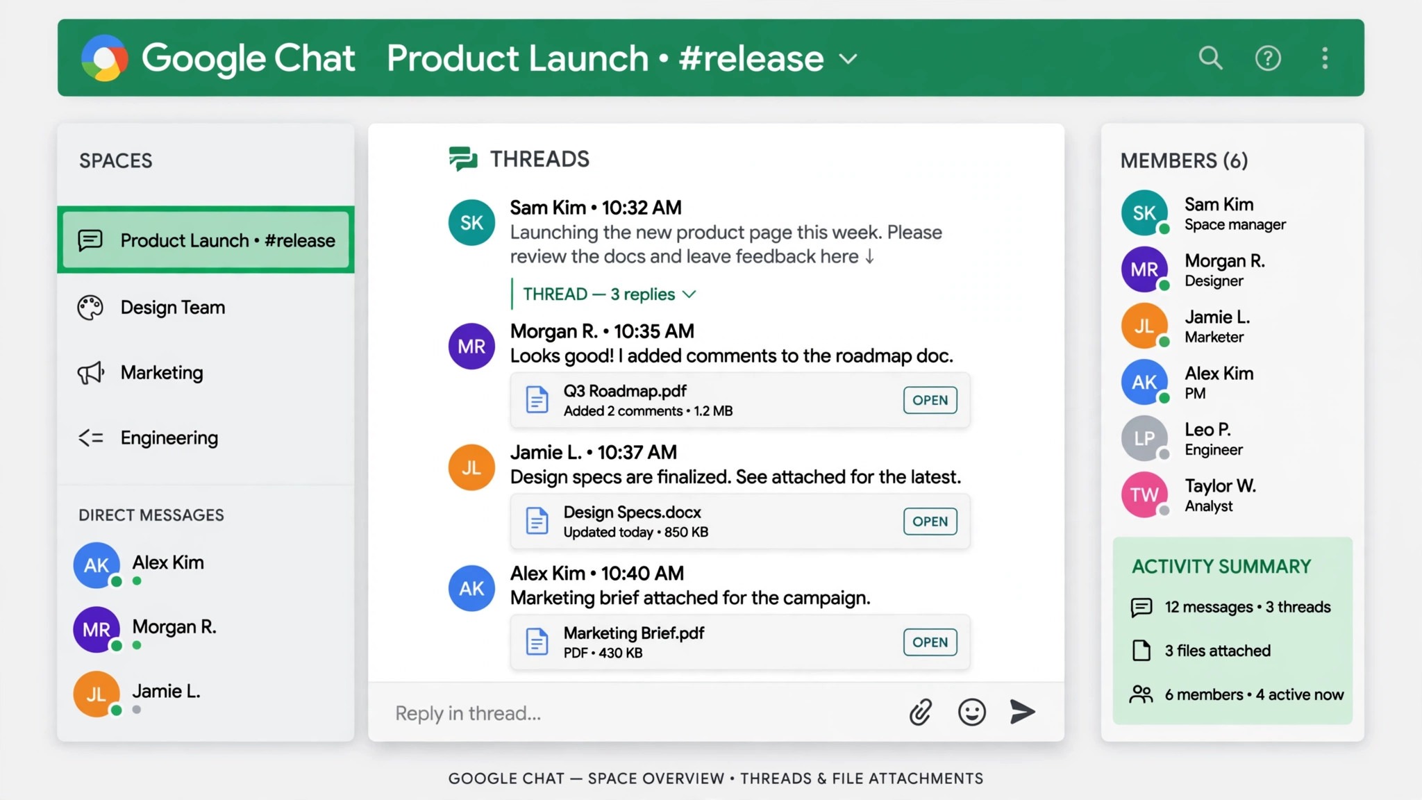 Google Chat space mockup with threads members and Drive files