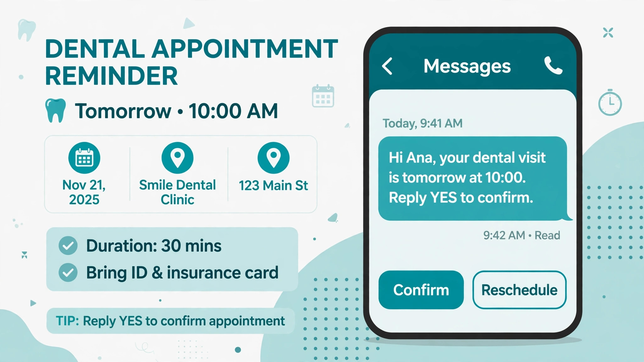 Text reminder mockup with confirm and reschedule buttons