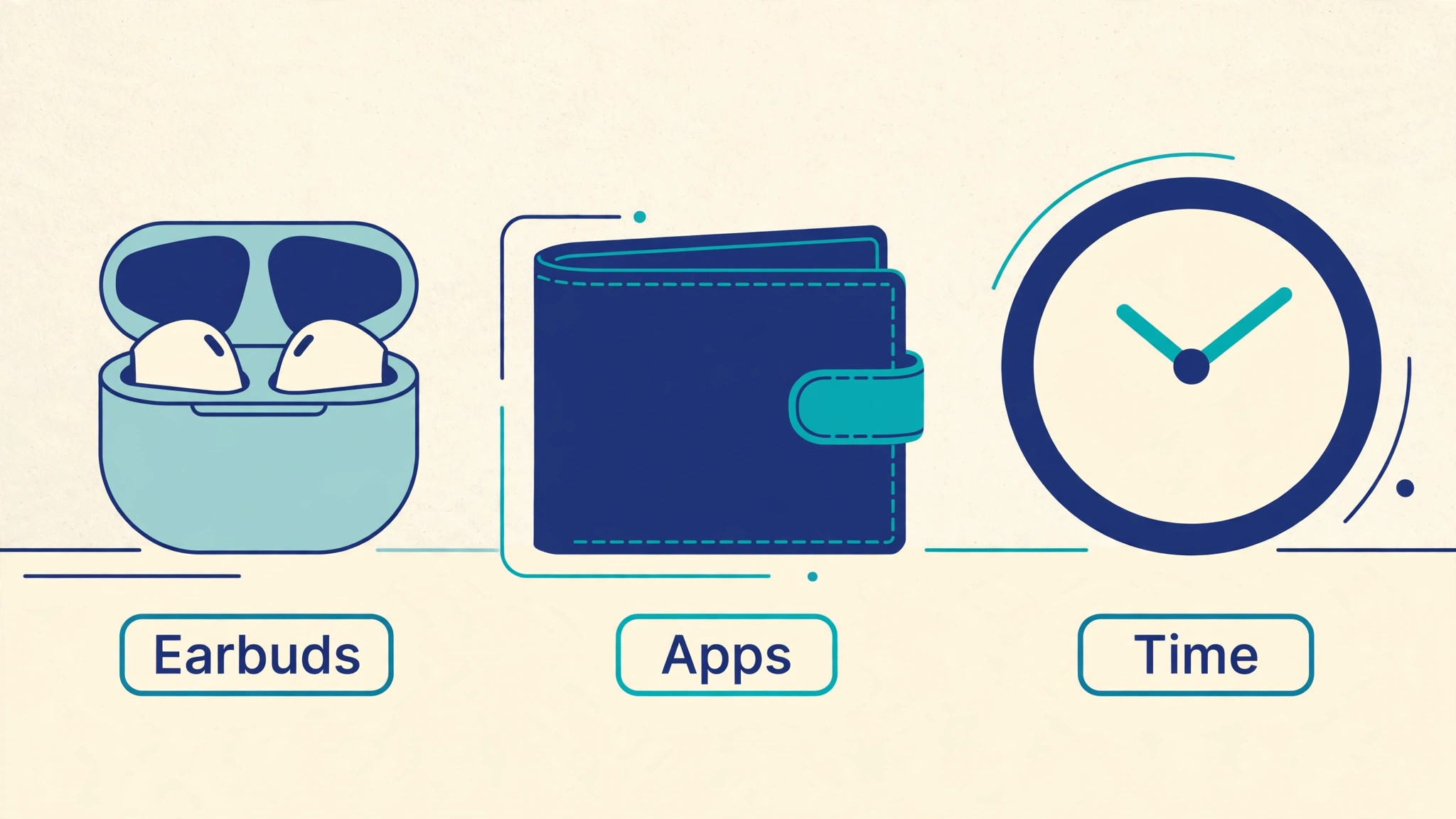 Earbud case, wallet and clock representing earbuds, apps and time costs