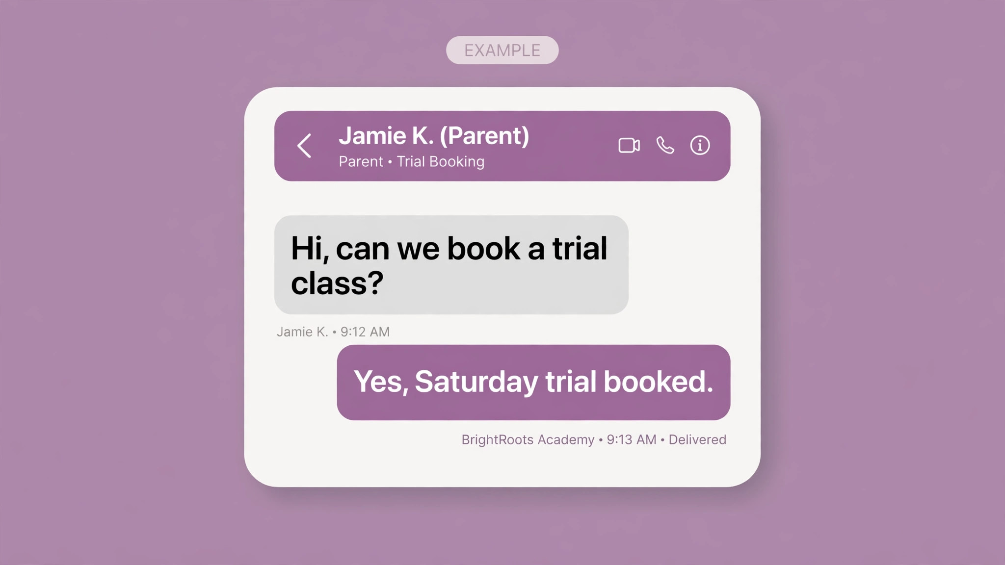 Mockup of a parent trial booking message.