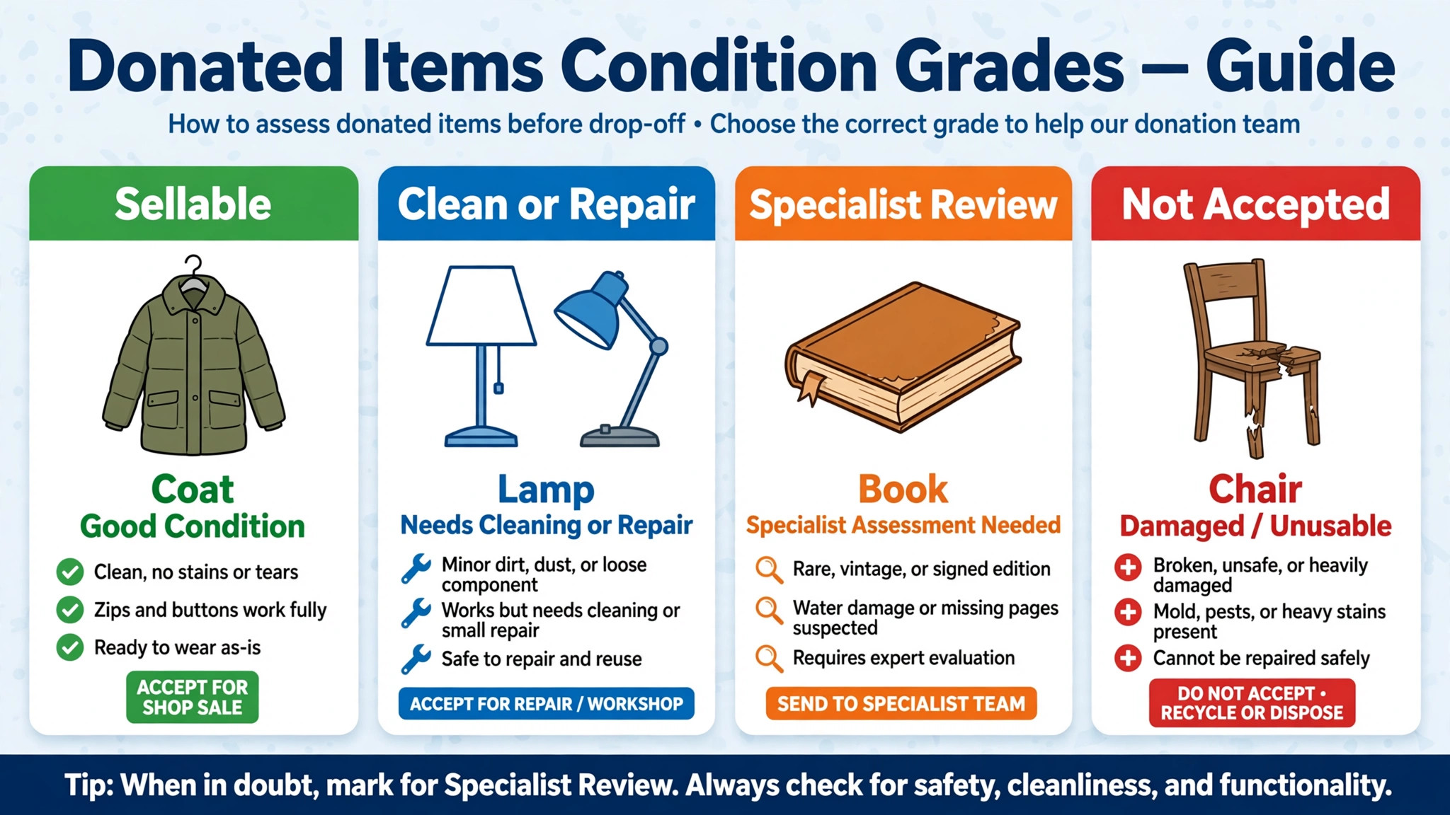 Annotated guide to condition grades for donated items.