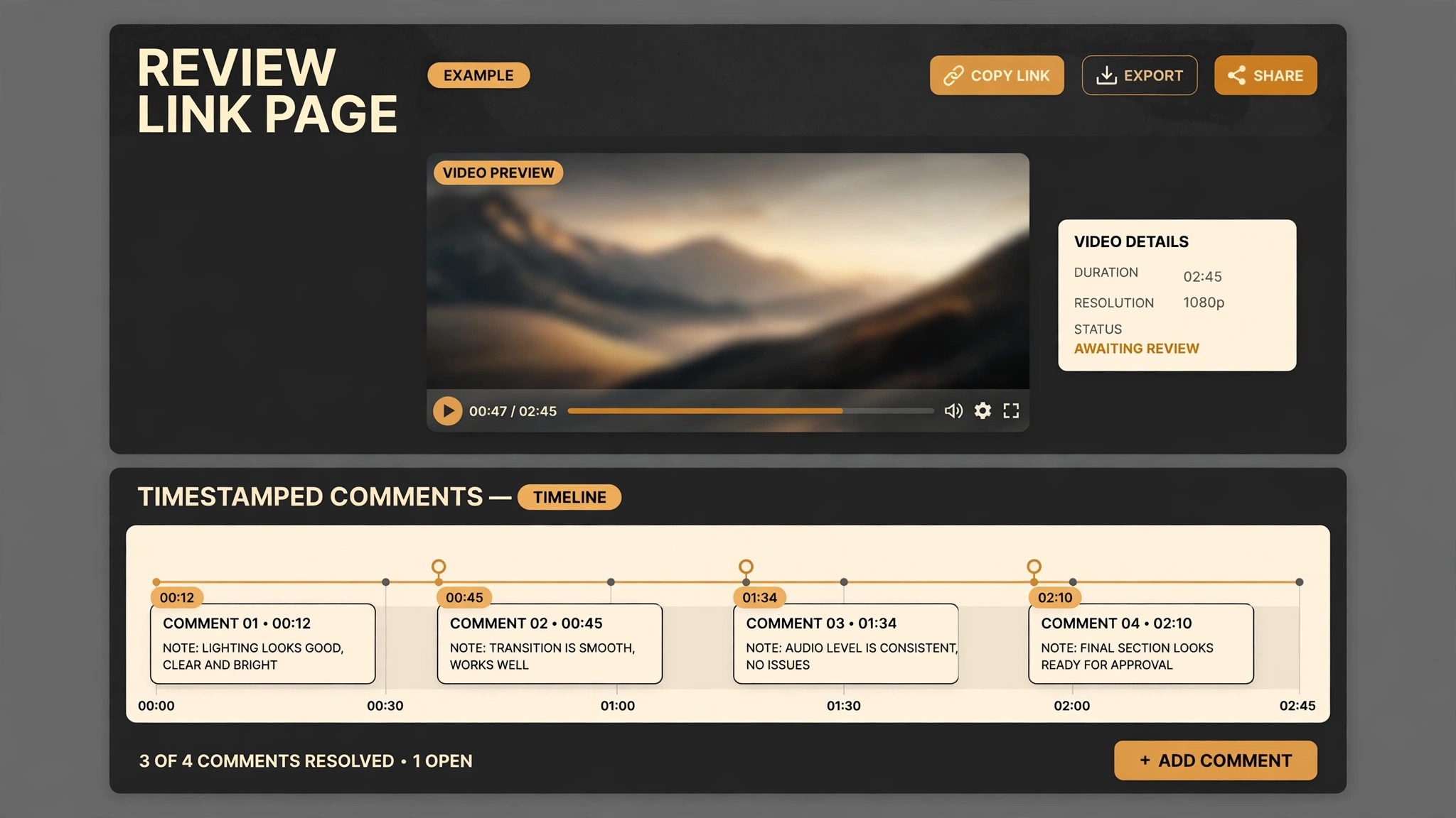 Mockup of a review link page with timestamped comments on a timeline.