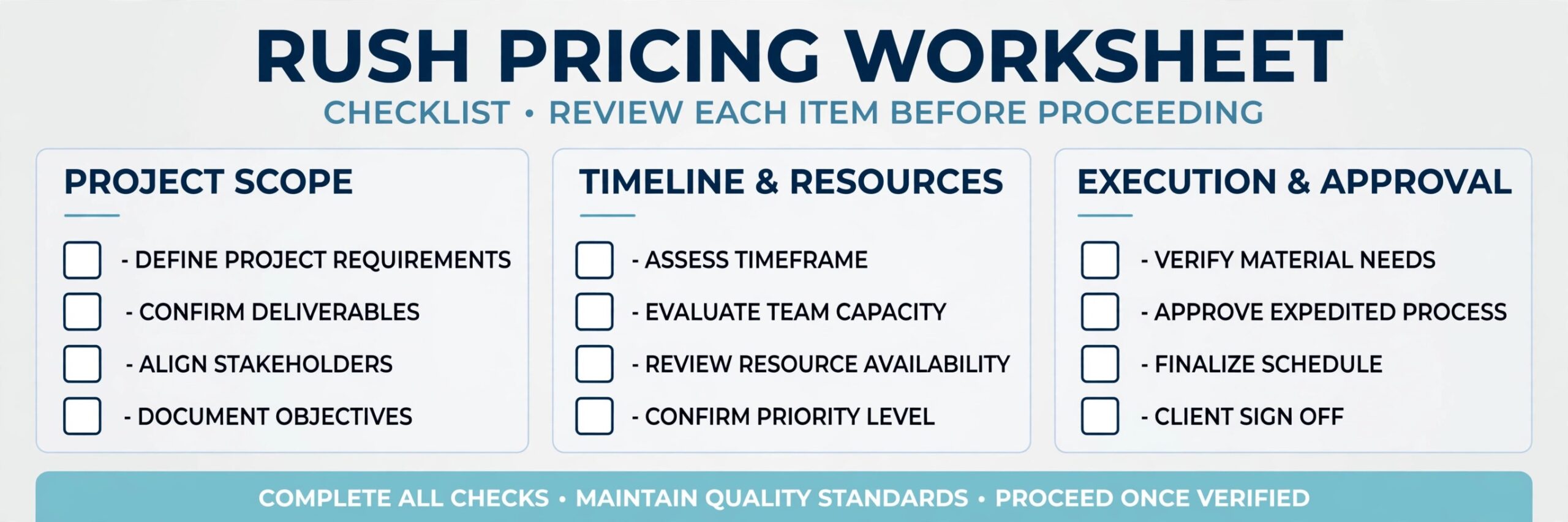 Rush pricing worksheet checklist graphic