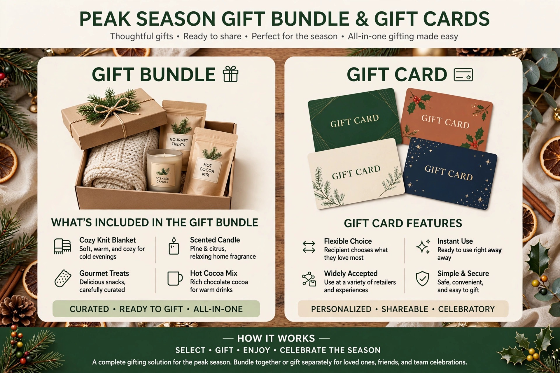 mockup of a gift bundle and gift card set for peak season