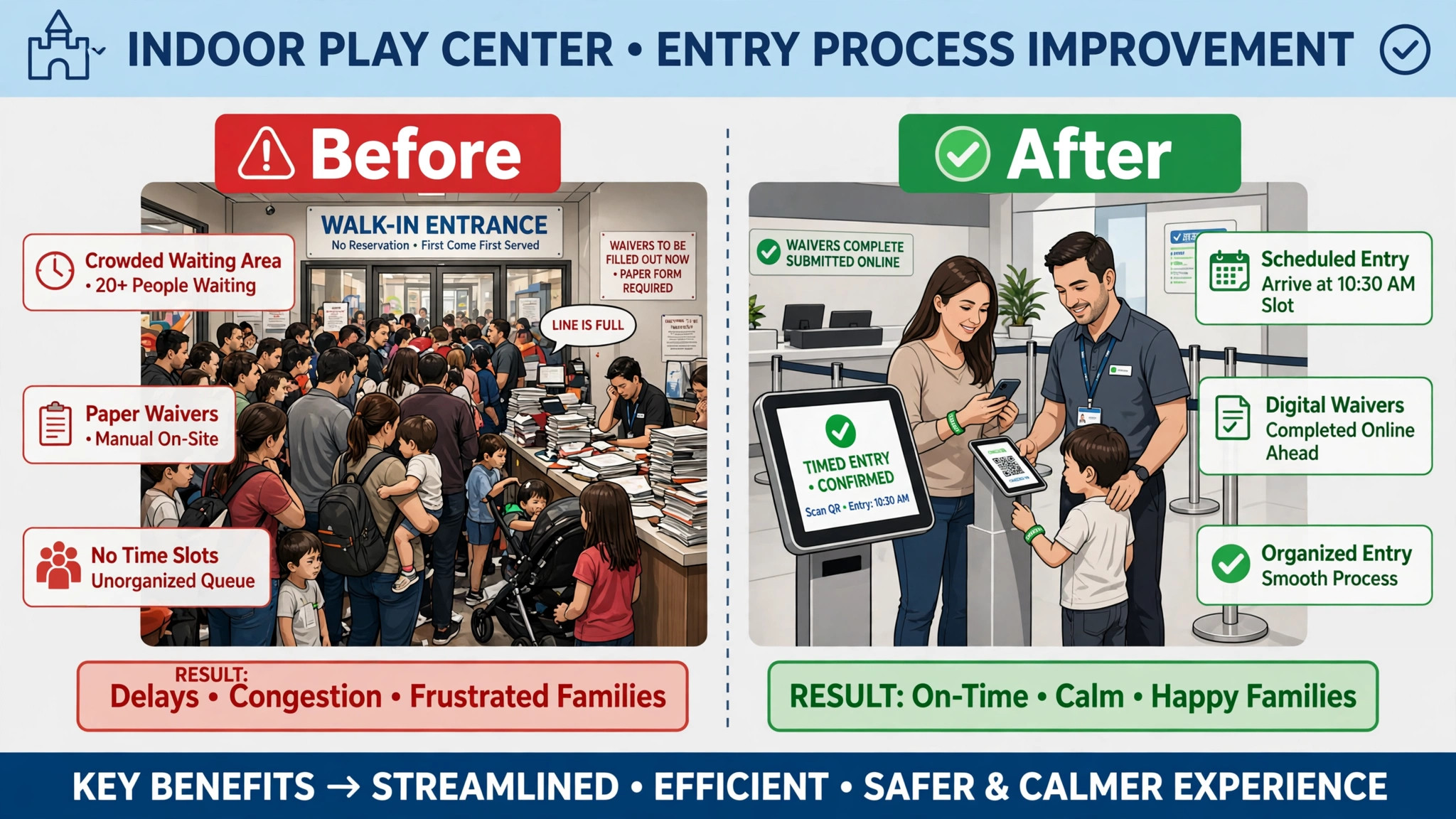 before and after play center check-in from walk-in to timed entry