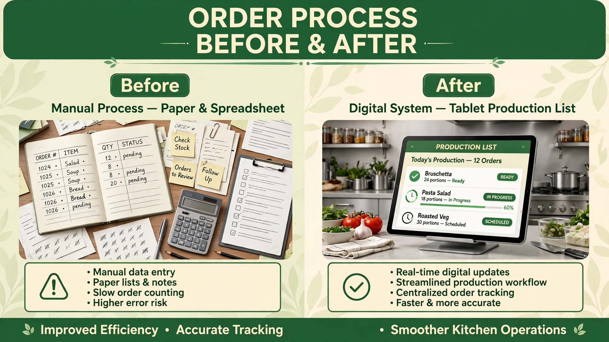 before and after meal prep orders from spreadsheet to production list
