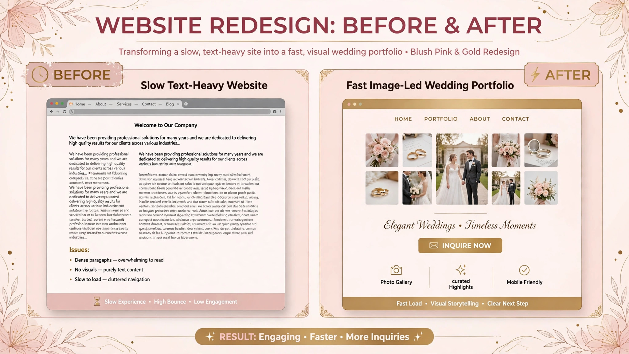 before and after wedding photographer website from slow to image-led