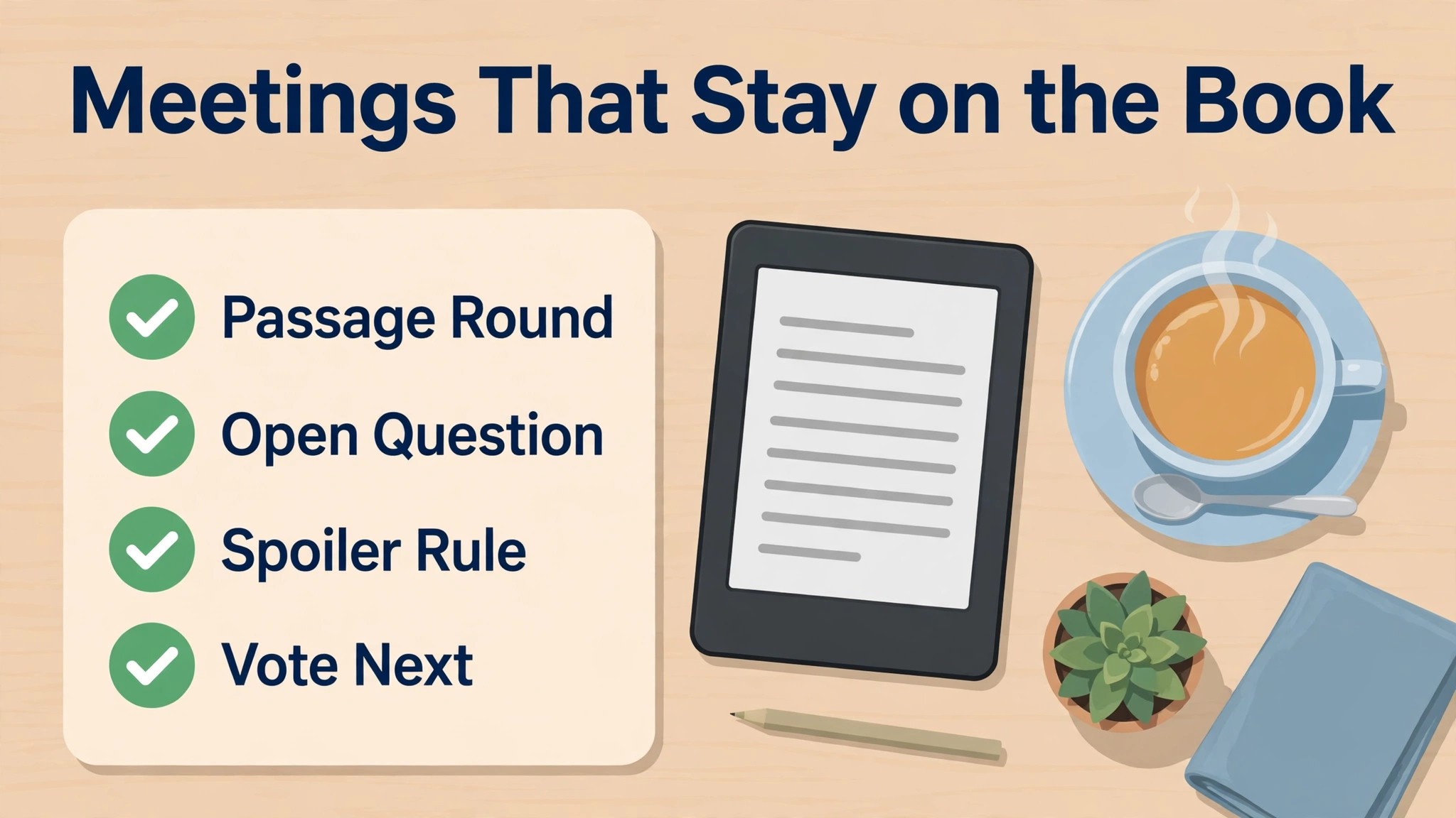 Discussion checklist with passage round, open question, spoiler rule and vote