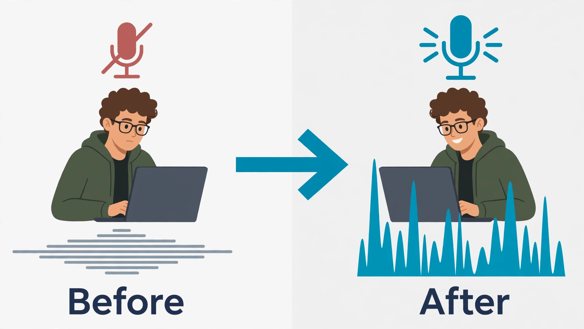 Before and after comparison of a guest at a laptop with a muted microphone and flat sound waves against the same guest with a live microphone and tall sound waves