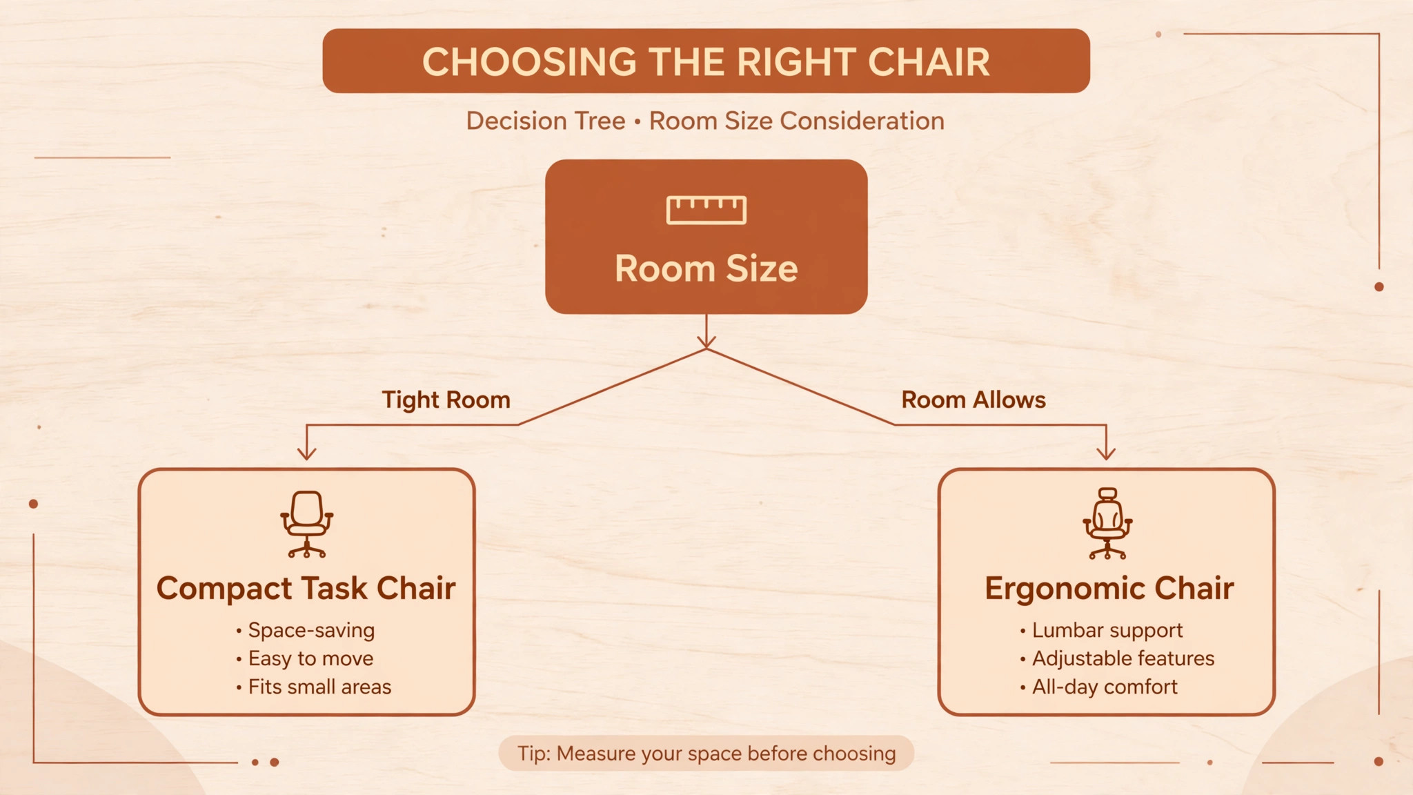 Flowchart from tight room to compact task chair and room that allows to ergonomic chair