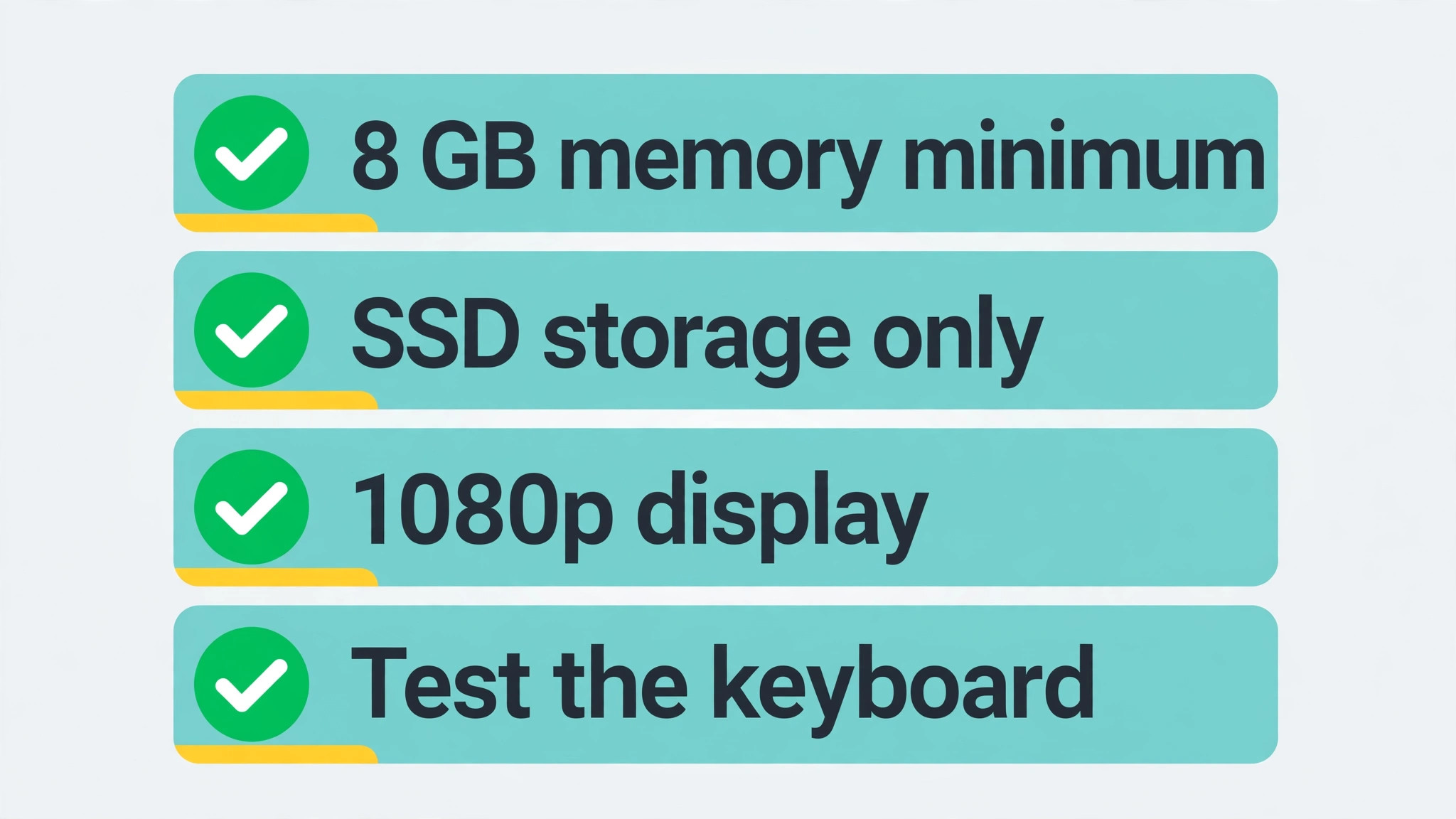 Checklist of 8 GB memory minimum, SSD storage only, 1080p display, and testing the keyboard
