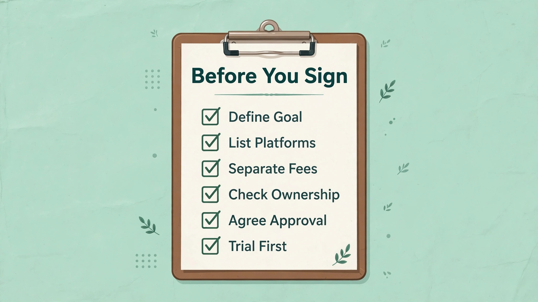 Clipboard checklist to define goal, list platforms, separate fees, check ownership, agree approval and trial first