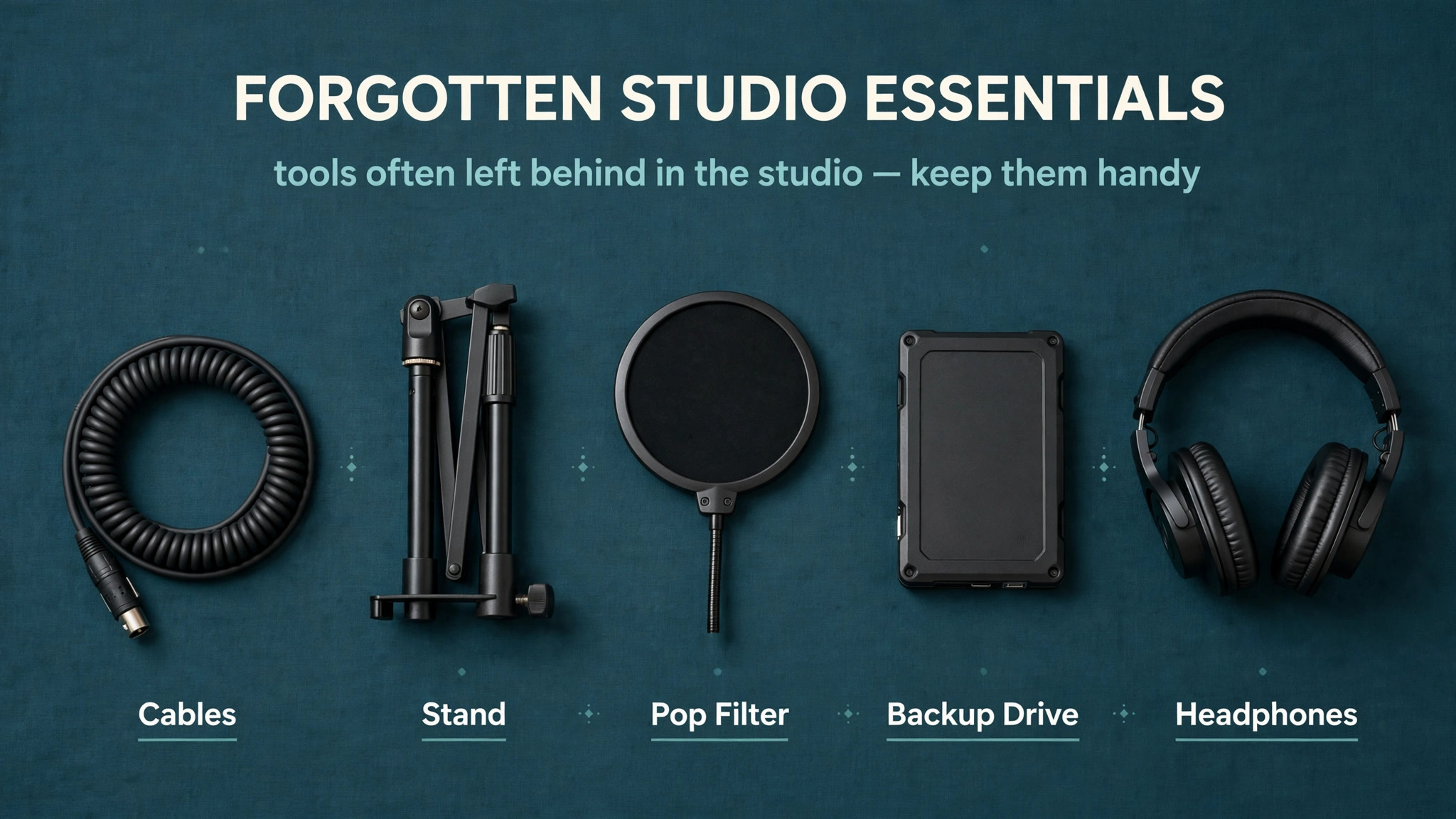 Flat-lay of forgotten essentials, cables, stand, pop filter, backup drive and headphones