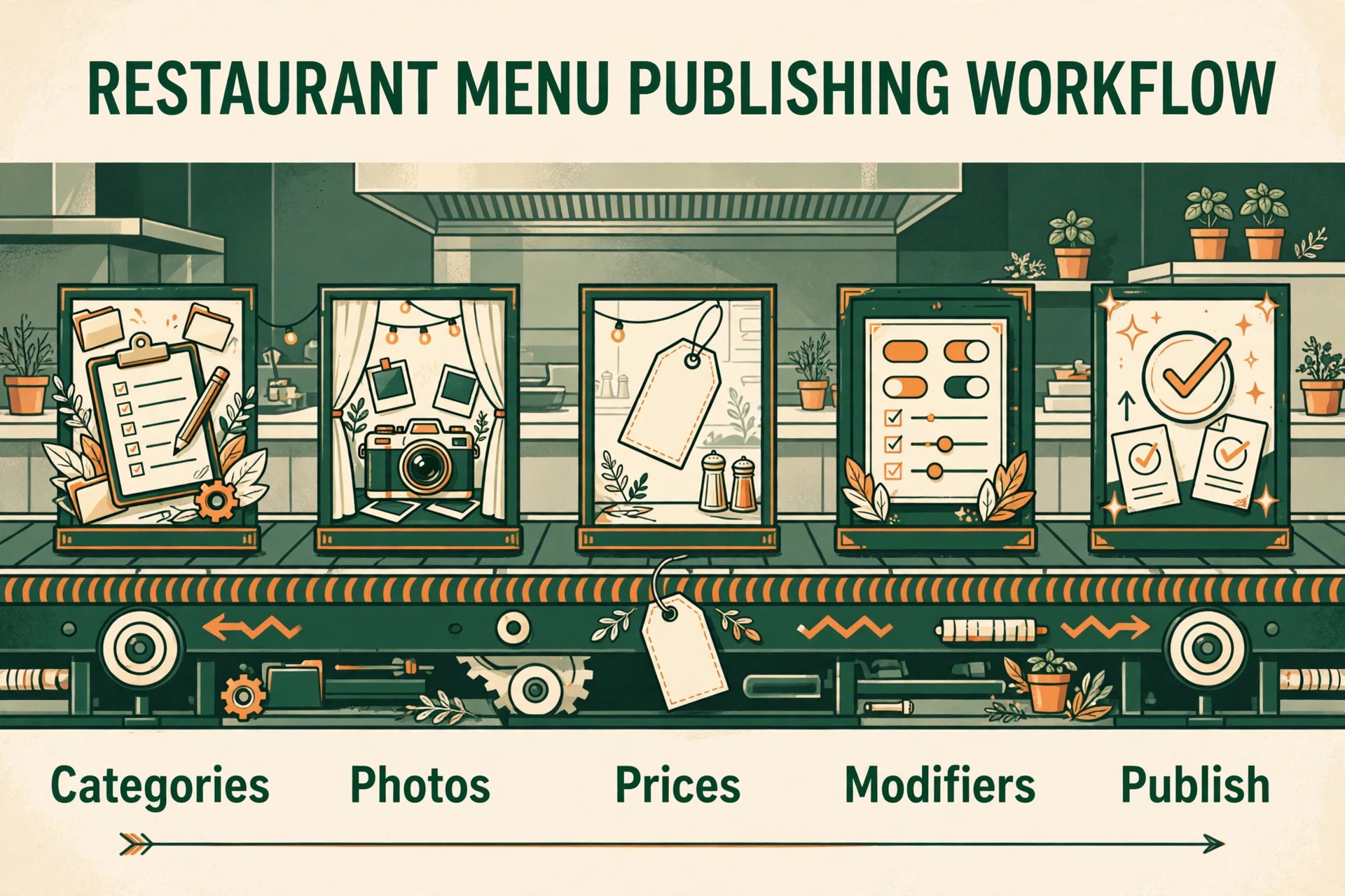 Kitchen conveyor carrying menu setup stations from categories to photos, prices, modifiers and publish