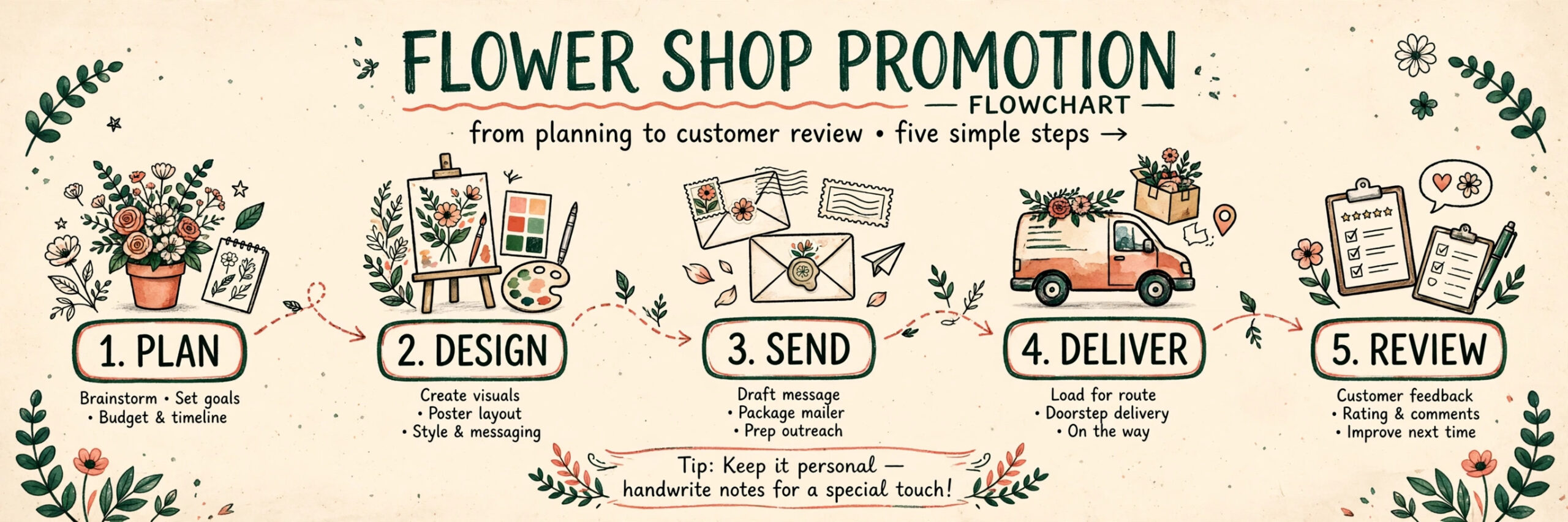 Five-step flower shop promotion flowchart from plan to design, send, deliver and review