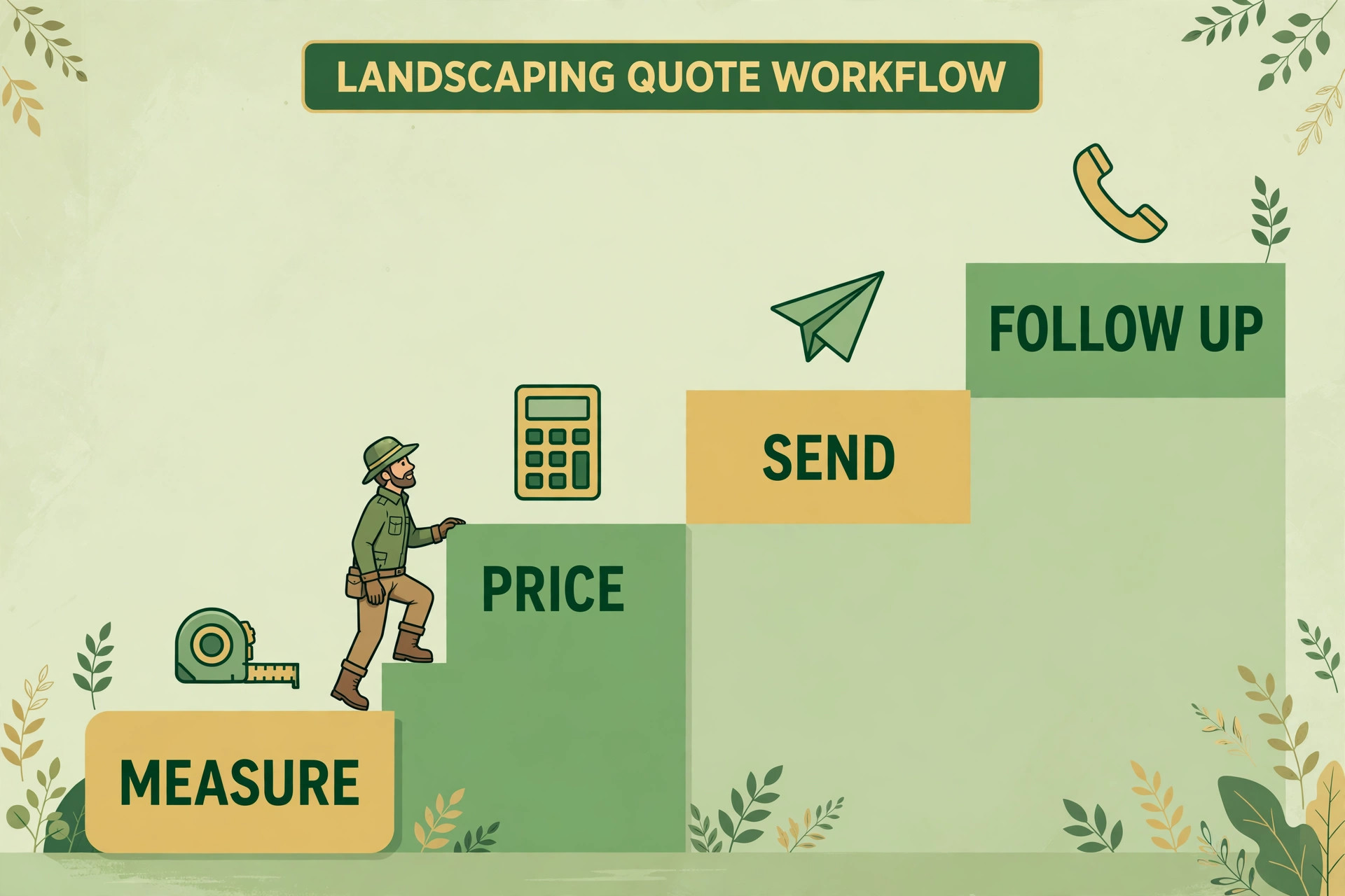Staircase diagram of the landscaping quote workflow from measuring to follow-up