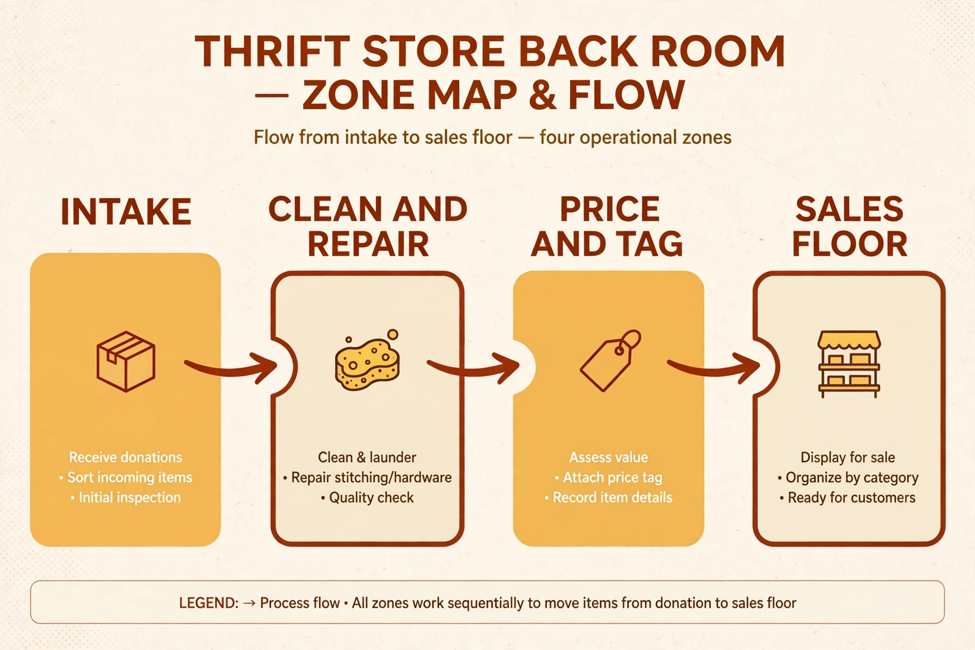 Thrift store back-room zone map showing flow from intake to the sales floor