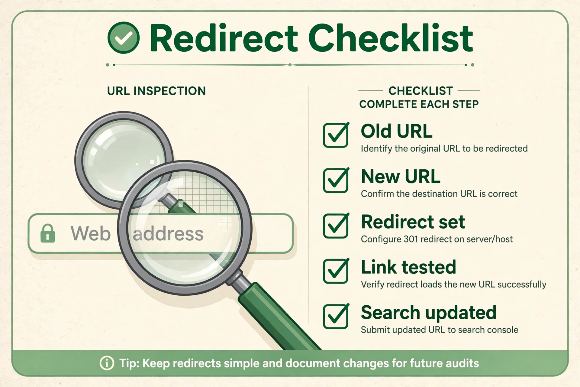 Redirect checklist visual showing old URL, new URL, redirect set, link tested and search updated