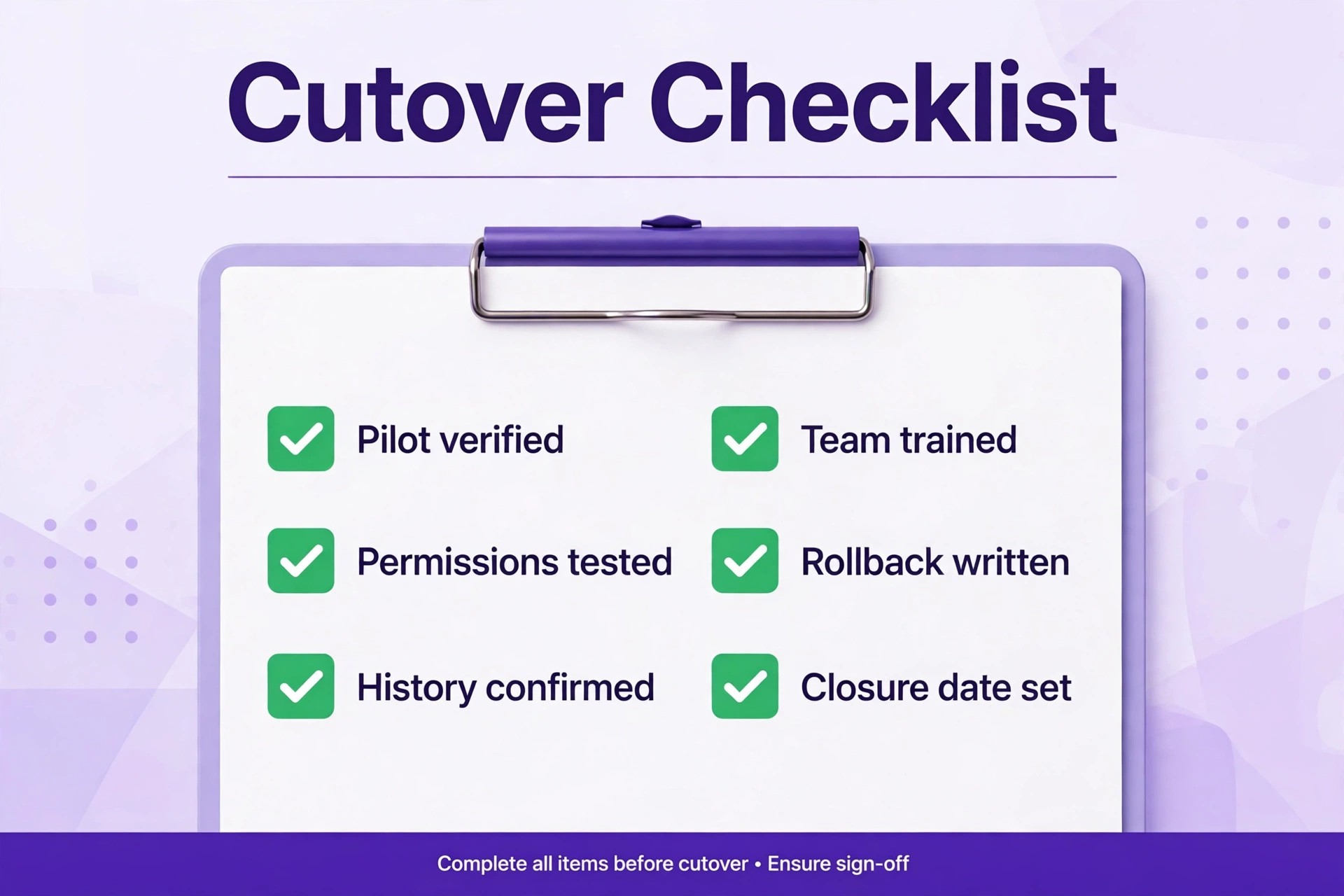 Cutover checklist clipboard with pilot, permissions, history, training, rollback and closure date checked