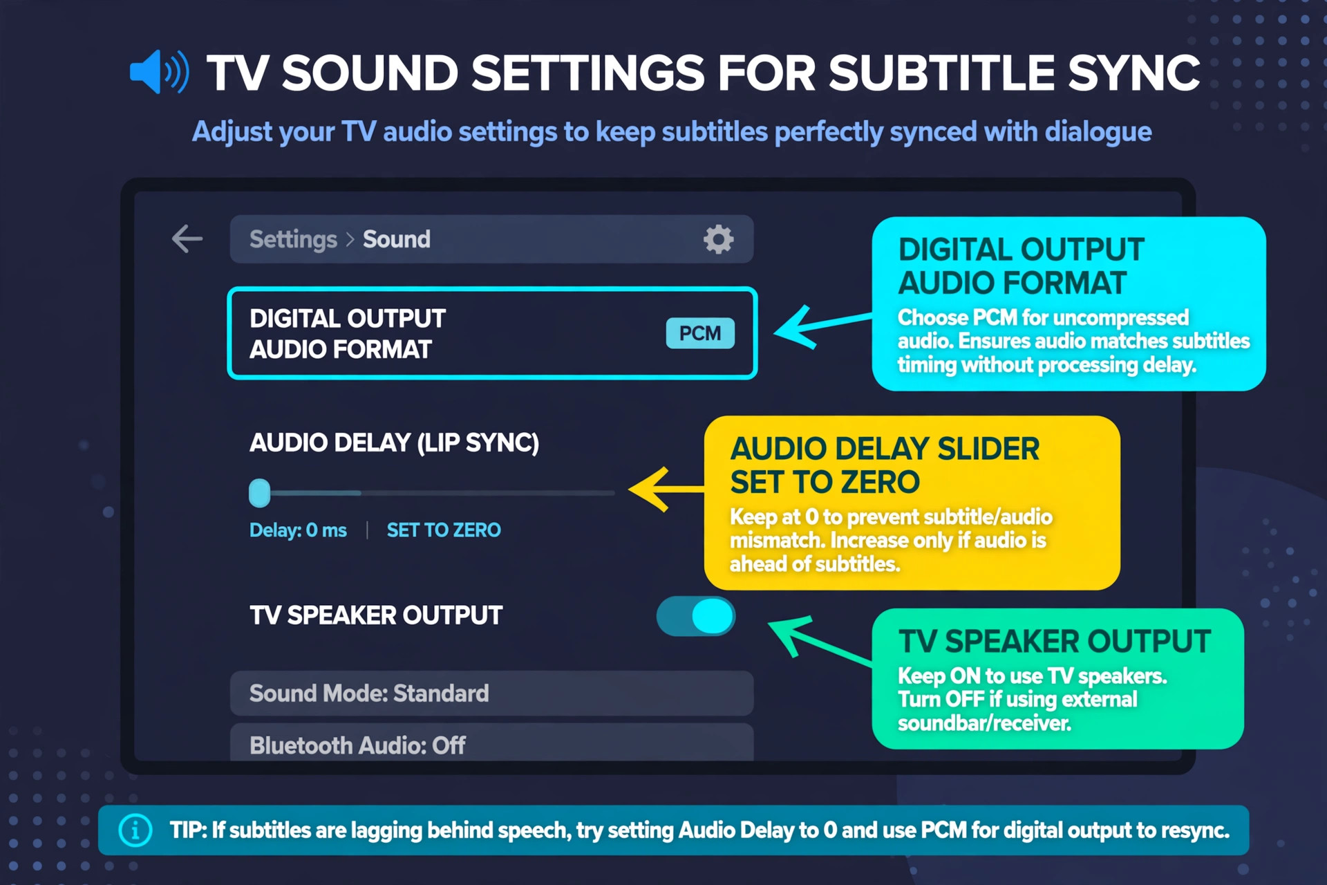 Annotated example of TV sound settings for Netflix subtitle sync