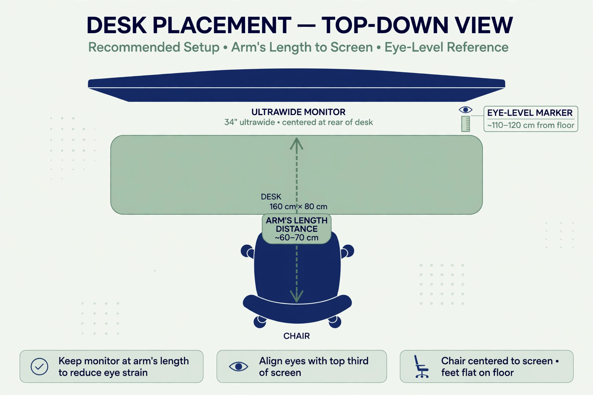 Top-down desk placement diagram showing arm's length distance and eye-level marker
