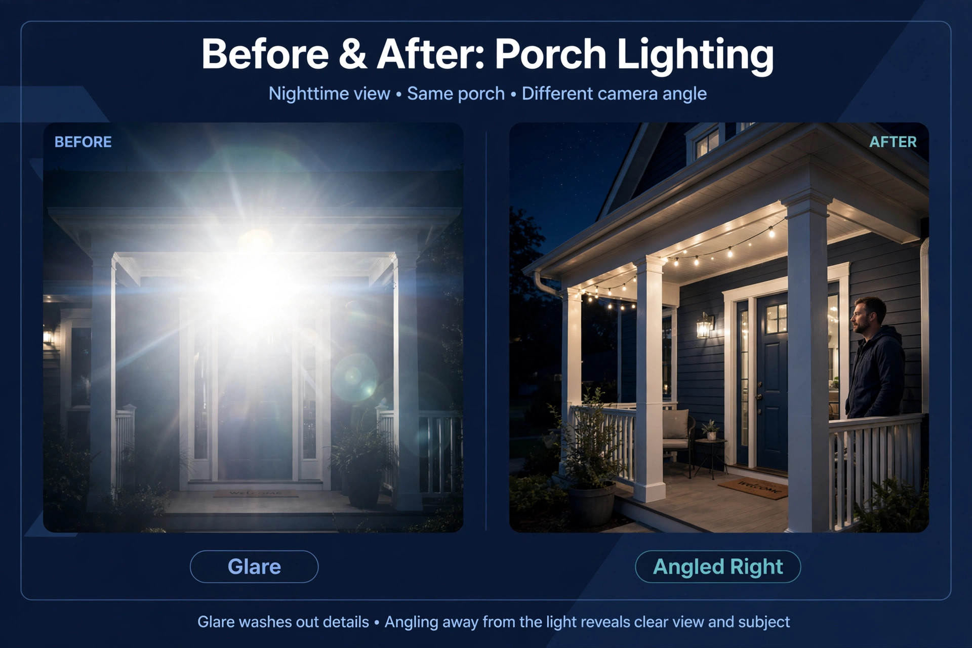 Glare-blinded porch view beside correctly angled view