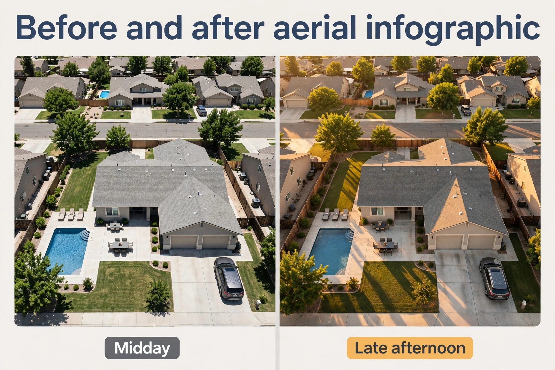 Flat midday aerial beside warm late-afternoon aerial