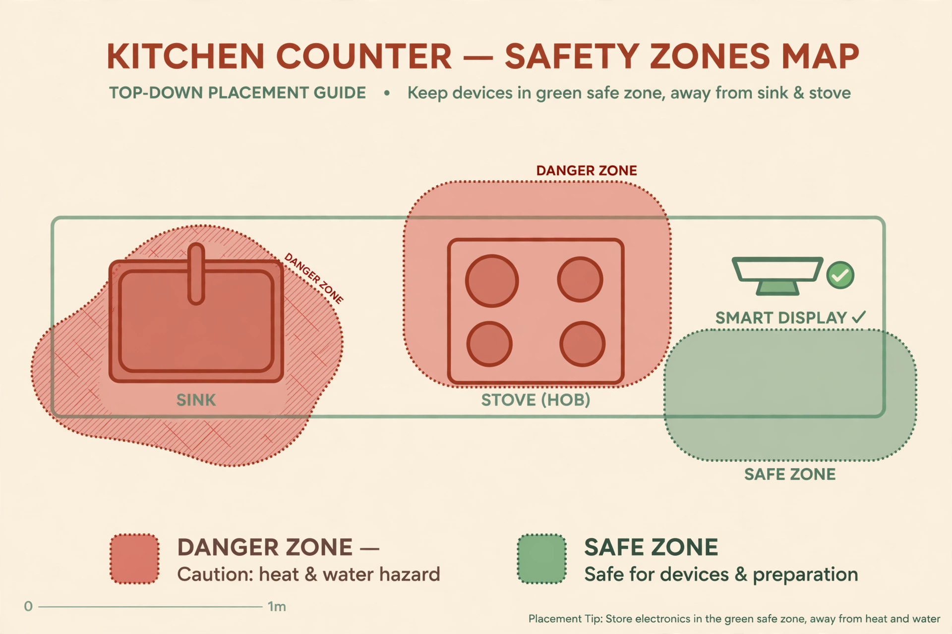 Kitchen counter safety zones map with danger zones around sink and stove and a safe zone at the counter end
