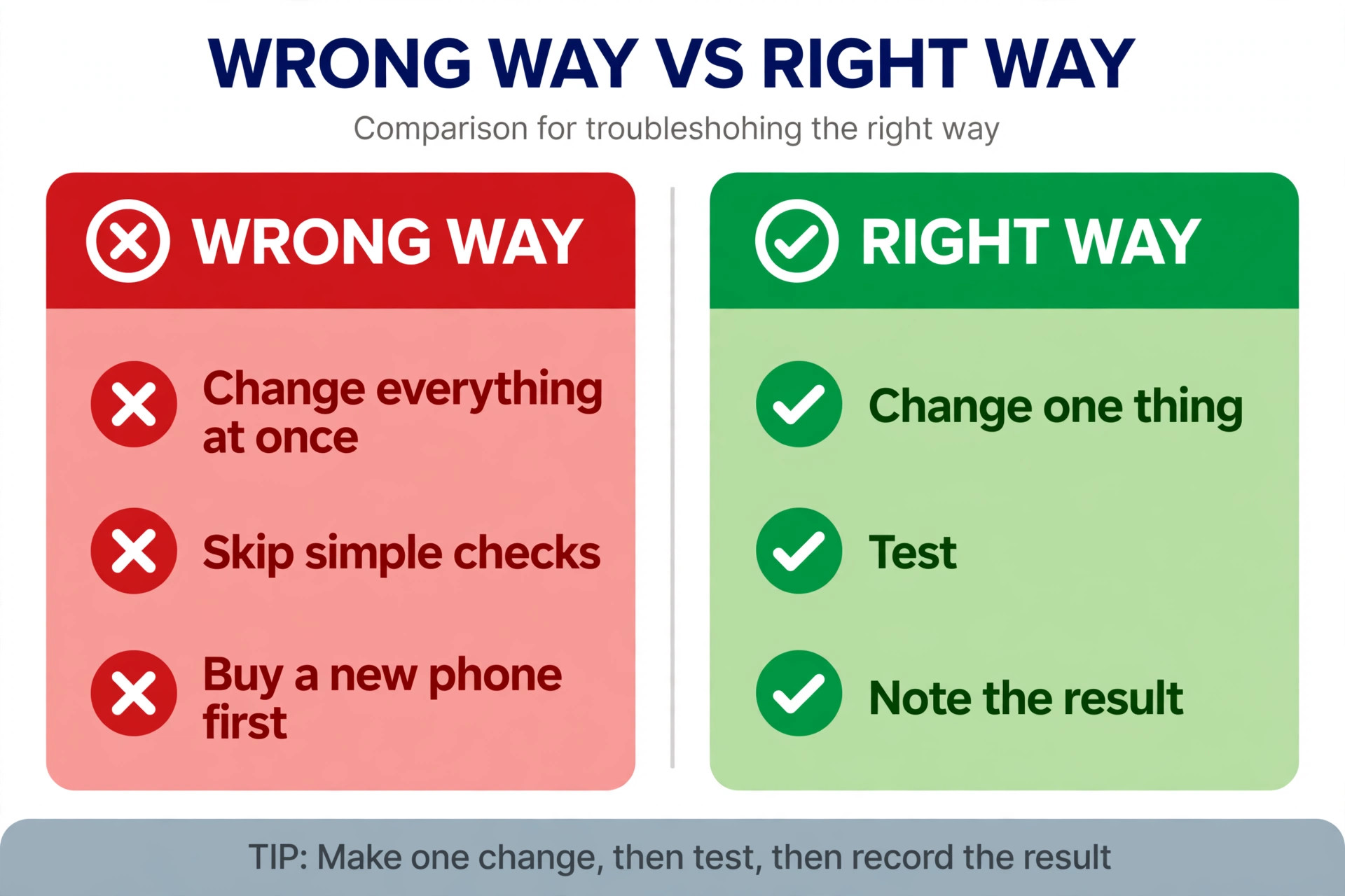 Wrong way versus right way comparison for charging troubleshooting