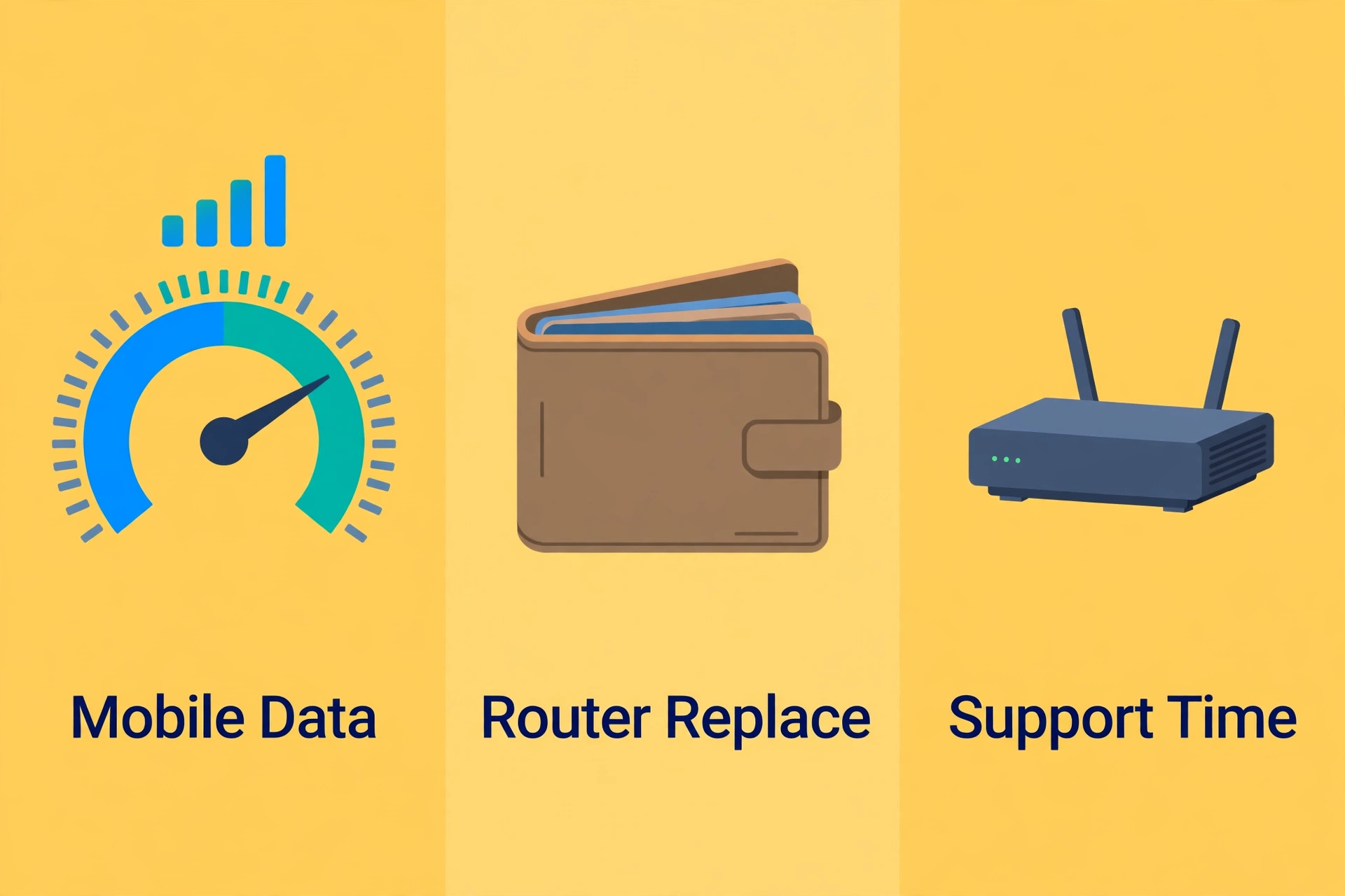 Data gauge, wallet and router representing mobile data, replacement and support time