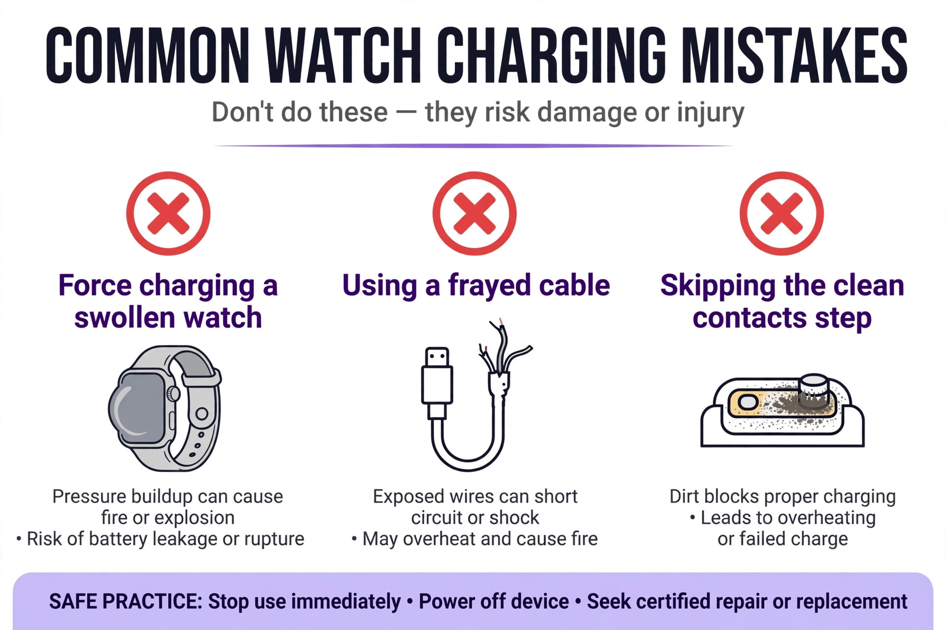 Three crossed-out watch charging mistakes with their risks