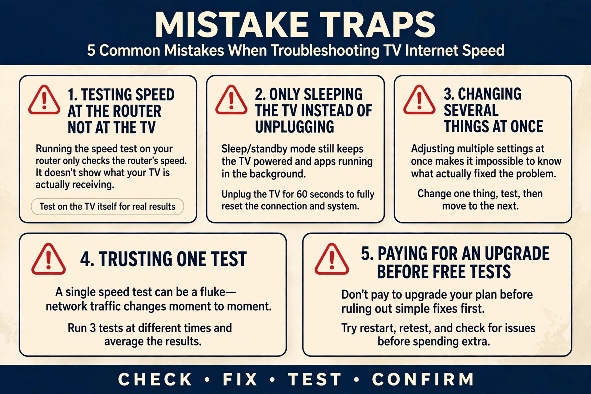 Five mistake-trap panels for TV speed troubleshooting