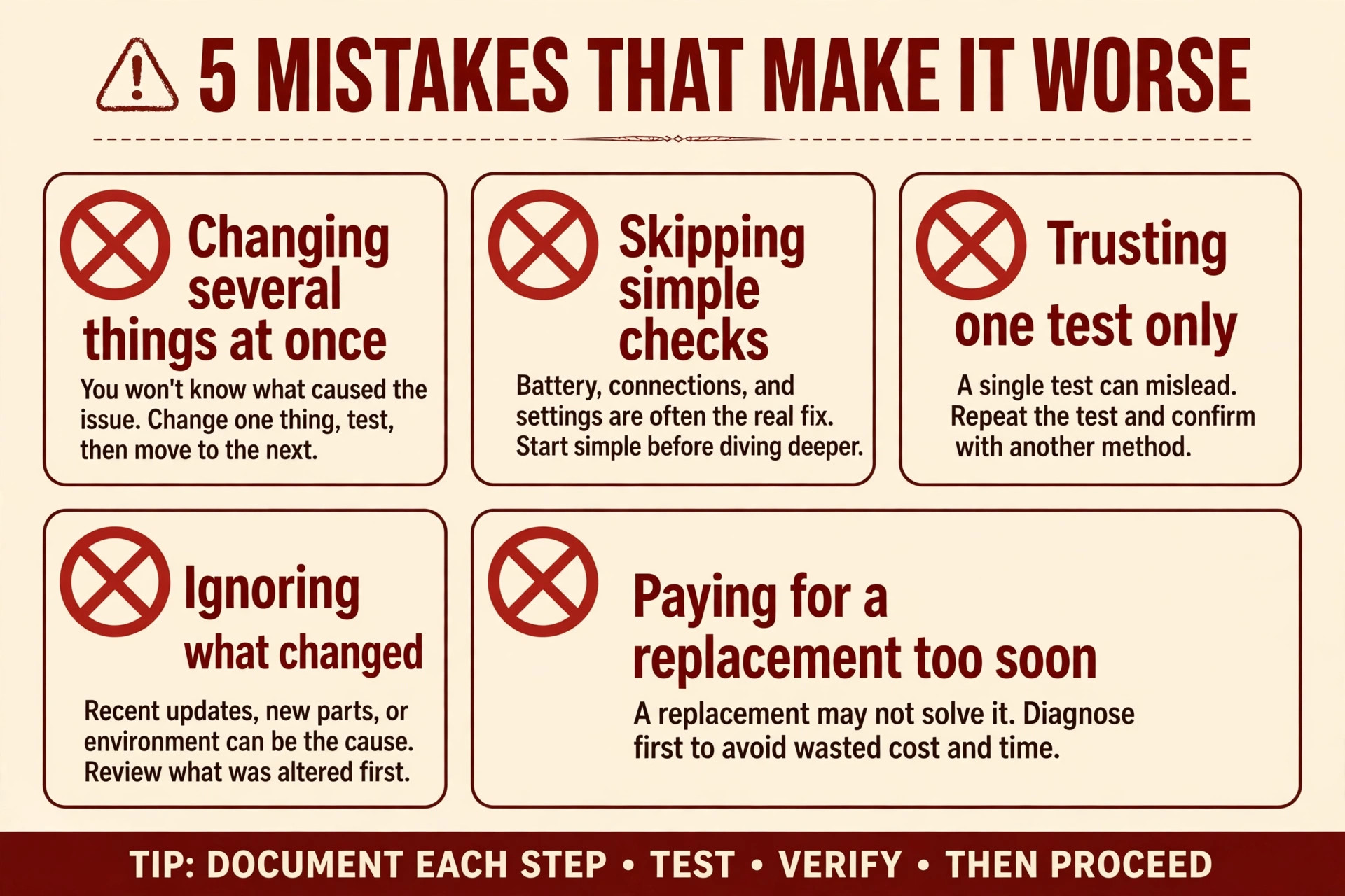 Five crossed-out mistake panels for Gmail troubleshooting