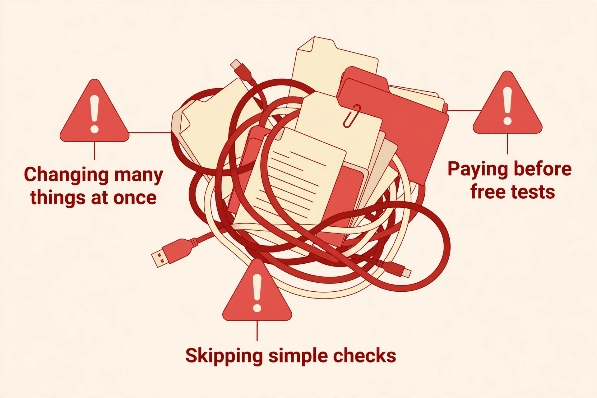 Tangled files and cables with warning signs for changing many things, skipping simple checks and paying before free tests