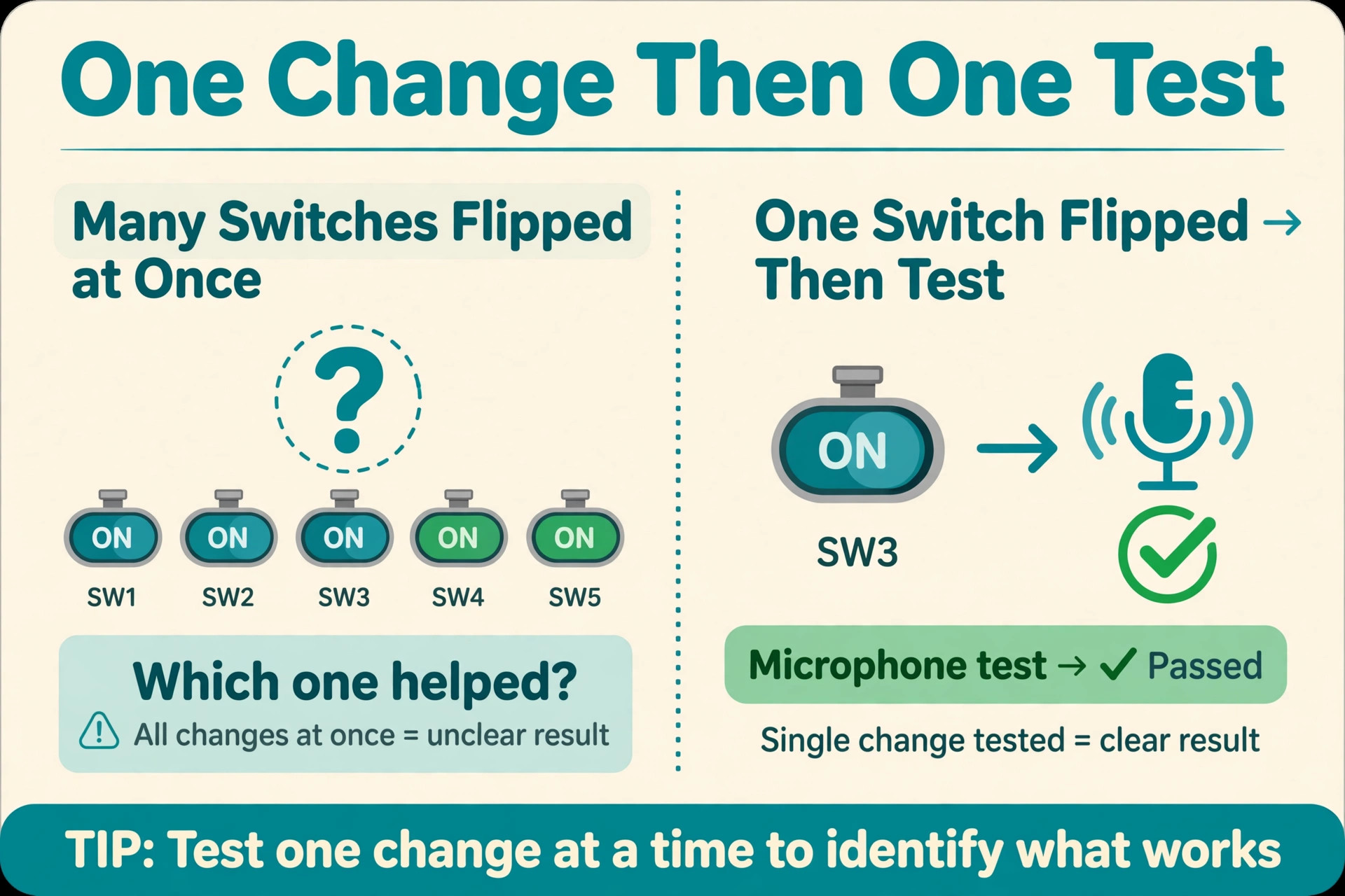 Diagram contrasting many switches flipped at once with one switch flipped then tested